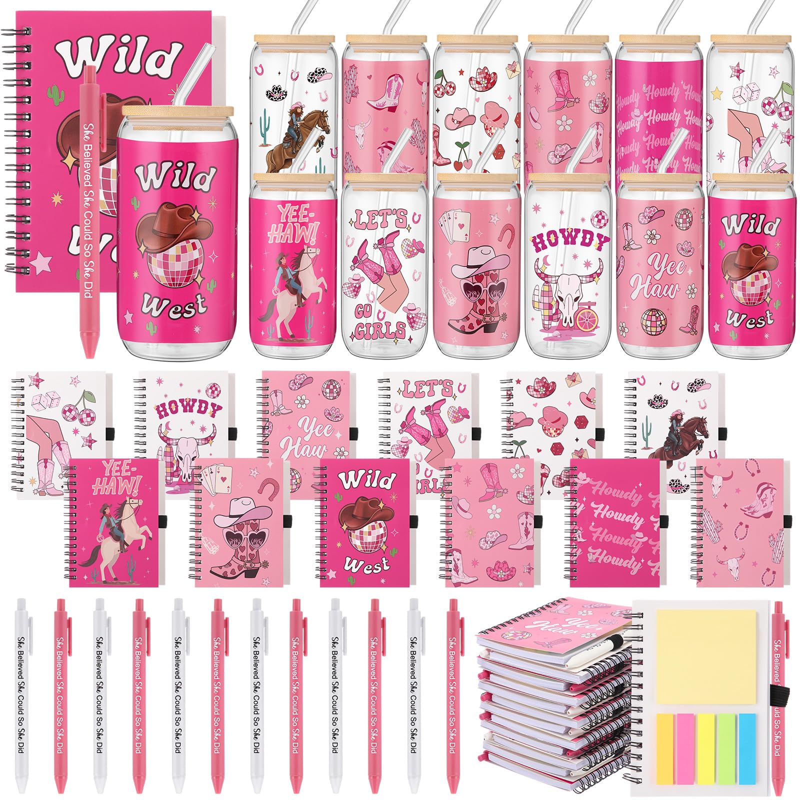 Skylety Set da 36 bicchieri di vetro con coperchio, cannucce a spirale, quaderni a spirale, ideali come regalo per ringraziamenti per essere fantastici, 12 pezzi (cowboy rosa)