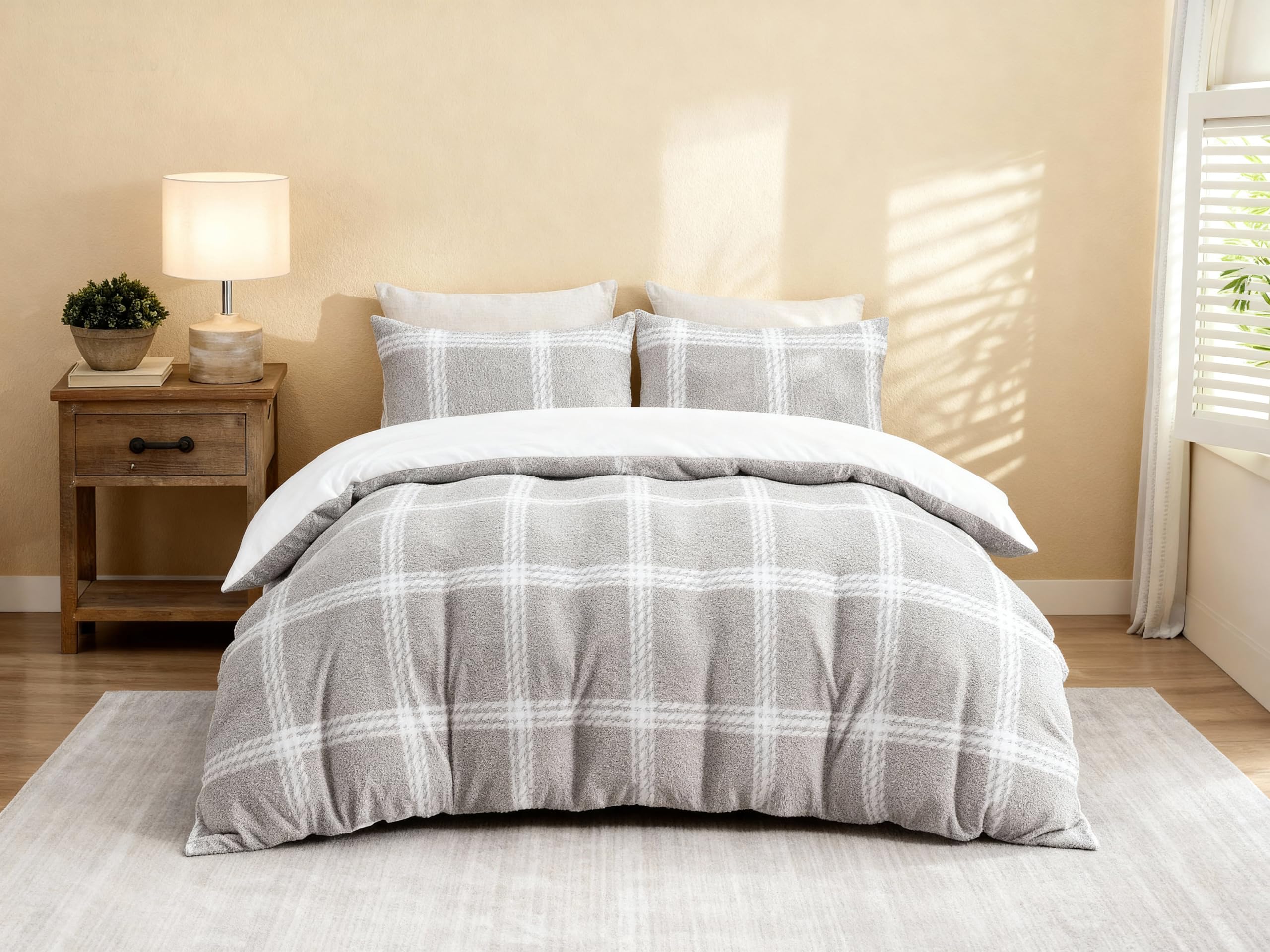 Coastline Check Snuggle Fleece Duvet Cover Set,Ultra soft Warm Cozy Fleece Duvet Cover Set with Pillowcase Bedding Collections(Grey,Superking)