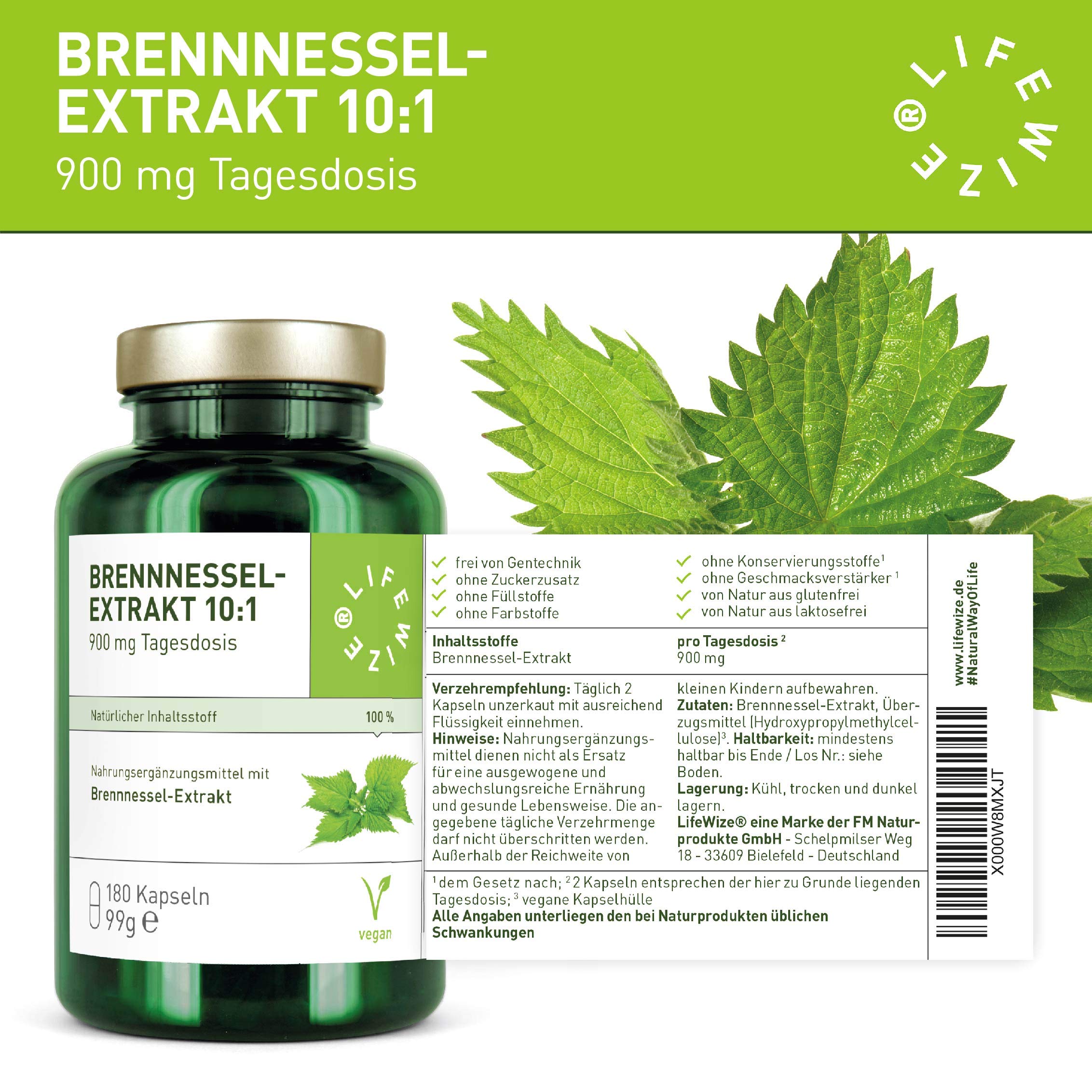 LifeWize® 180 Brennnessel Kapseln - Brennesselkapseln zur Entwässerung - 900mg reiner Brennessel Extrakt 10:1 (Verhältnis) je Tagesdosis - Vegane Alternative für Entwässerungstabletten - Laborgeprüft
