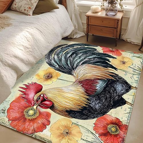 Miniatura 5 de 4x6 Area Rugs, Retro Rooster Non-Skid Rubber Backing Large Rectangle Rugs - Living Room Bedroom Home Office, Spring Floral Watercolor Farmhouse