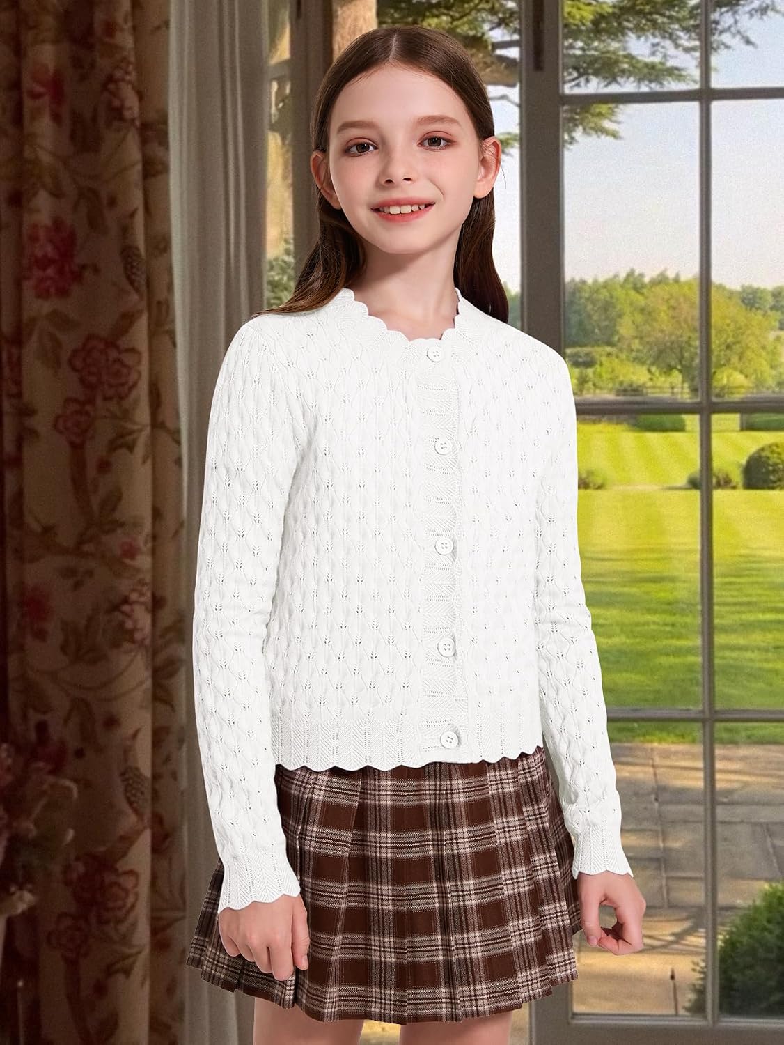 YKR Girls Cardigan Sweaters Long Sleeve Cable Knitted Cropped Sweater Button Closure Tops 5-12Y