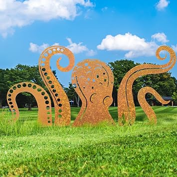 Octopus Garden Sculpture, Octopus Silhouette Artistic Metal Garden Sculpture Squid Garden Figurine Ornaments for Lawn Yard Outdoor Backyard Statue Decorations 50CM