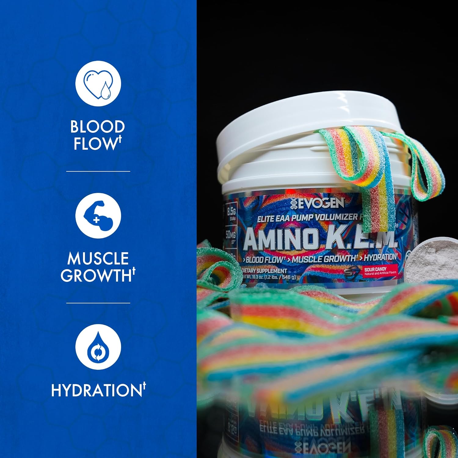 Evogen Amino K.E.M. - EAA & BCAA Powder Pump Volumizer | BCAAs Amino Acids Supplement for Blood Flow, Muscle Growth, & Hydration | Sour Candy | 30 Servings - Image 2