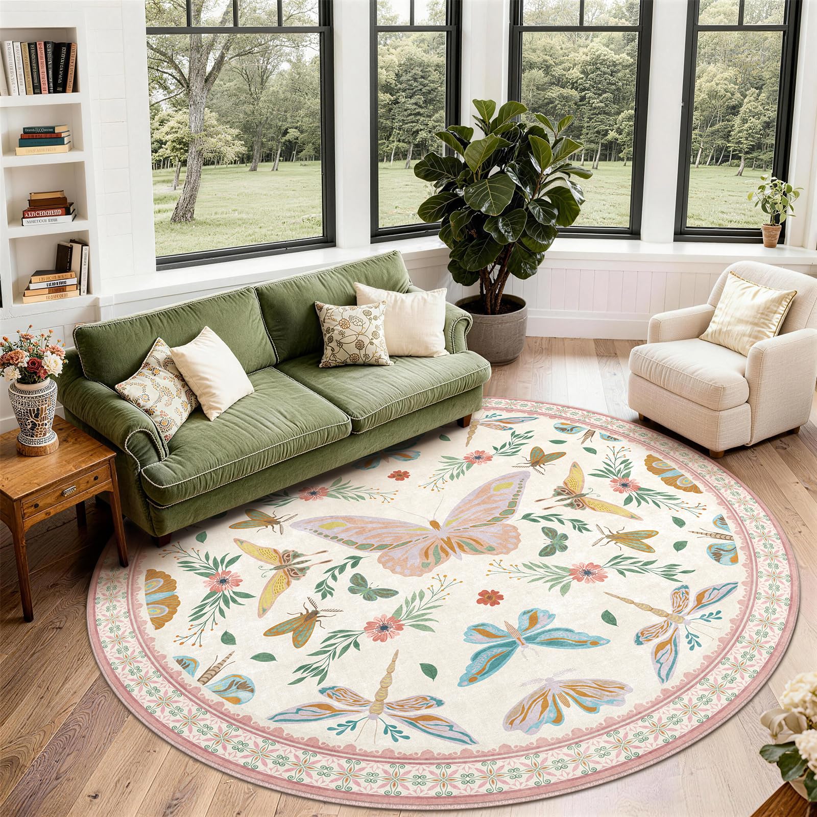 SOANNY Round Living Room Rug 160 cm, Butterfly Circle Area Carpet, Soft Low Pile Washable Non Slip Stain Resistant Modern Floor Mat for Bedroom Kitchen Entryway Dorm Beside Sofa Office, Beige Pink