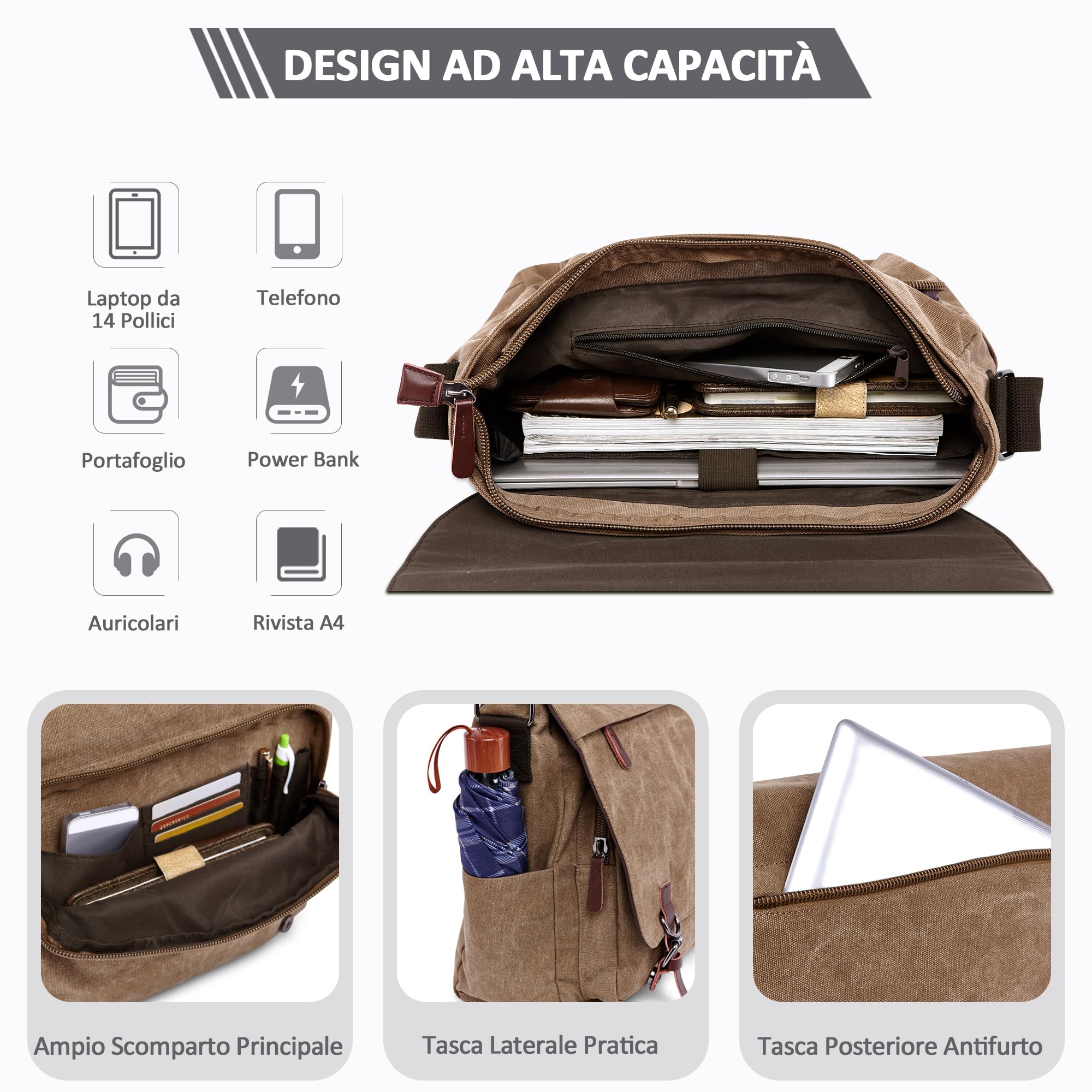 Moda Borsa a Tracolla Uomo Borse Messenger Tela Ventiquattrore 13.3 pollici Laptop Messenger Bag Briefcase Viaggio Causale Lavoro Scuola Uomo Borsa a Tracoll Cachi