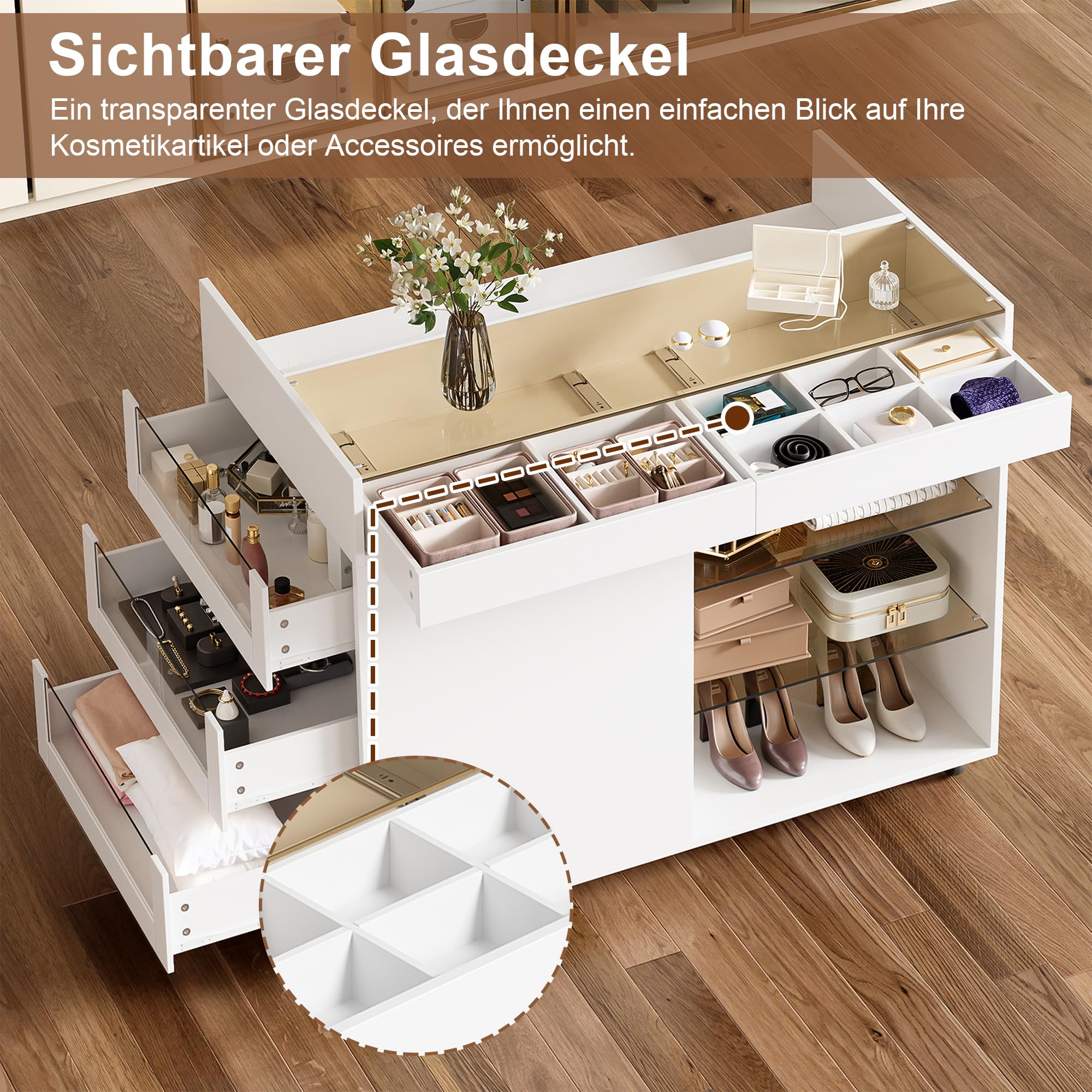Aparador blanco, aparador para salón, armario de cocina, armario de bufé, con 5 cajones, compartimentos, equipado con ruedas, para salón, comedor, 110 × 60 × 79 cm