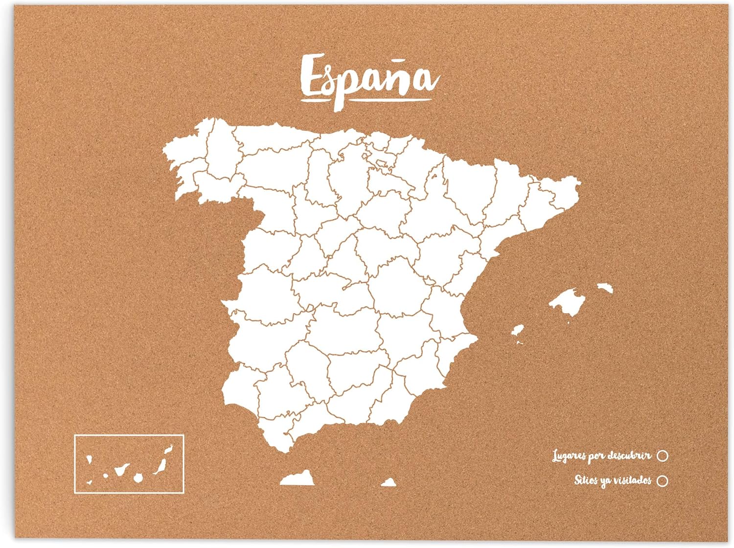 Miss Wood Mapa de España de Corcho, Pino, Blanco, XL-60x90cm