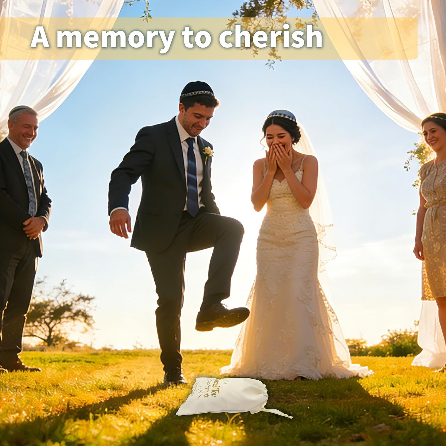 Jewish Wedding Chuppah Glass Breaking Cup Kit with White Velvet Golden Drawstring Bag Printed in Hebrew Closed Storage Bottle Gift for Couples, Wedding Engagement Marriage Anniversary