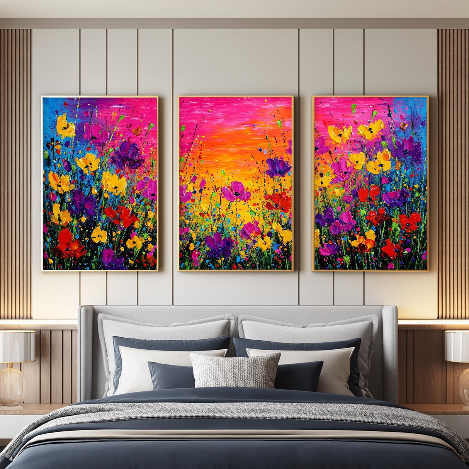 Generisch 3-teiliges Wandbild Leinwand Set 50 x 70 cm, Ohne Rahmen Triptychon Ästhetische Kunstdrucke Ölgemälde Floral für Wohnzimmer & Schlafzimmer, Blume Wildgras Farbig Sonnenuntergang Himmel