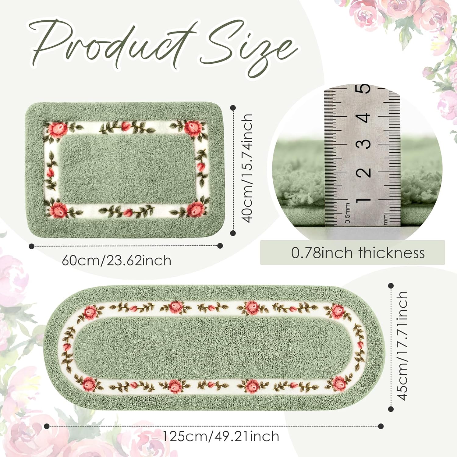 Drydiet 2 Pcs Rose Flowers Bathroom Rugs Set Coquette Room Decor Floral Rugs for Bathroom Bedroom Living Room,Non Skid Absorbent Romantic Rose Flower Area Rugs 2 Shapes(Green,Small)