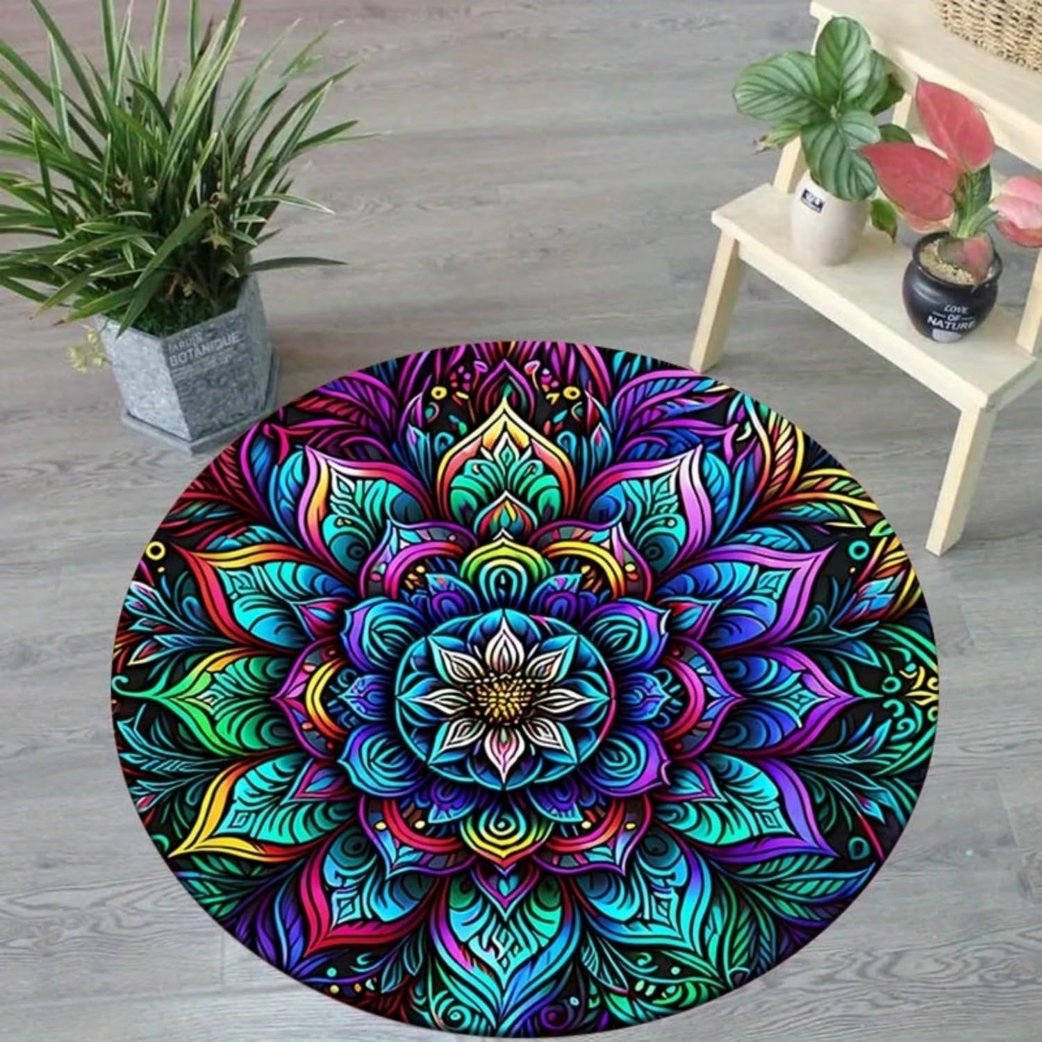 USHIRUG Bohemian Round Rug,120cm 3D Mandala Circle Rug, Abstract Floral Pattern Design, Ethnic Tribal Style, Washable Rugs, Non-Slip Soft Rugs for Bedroom Home Decor, Colorful Indoor Carpet