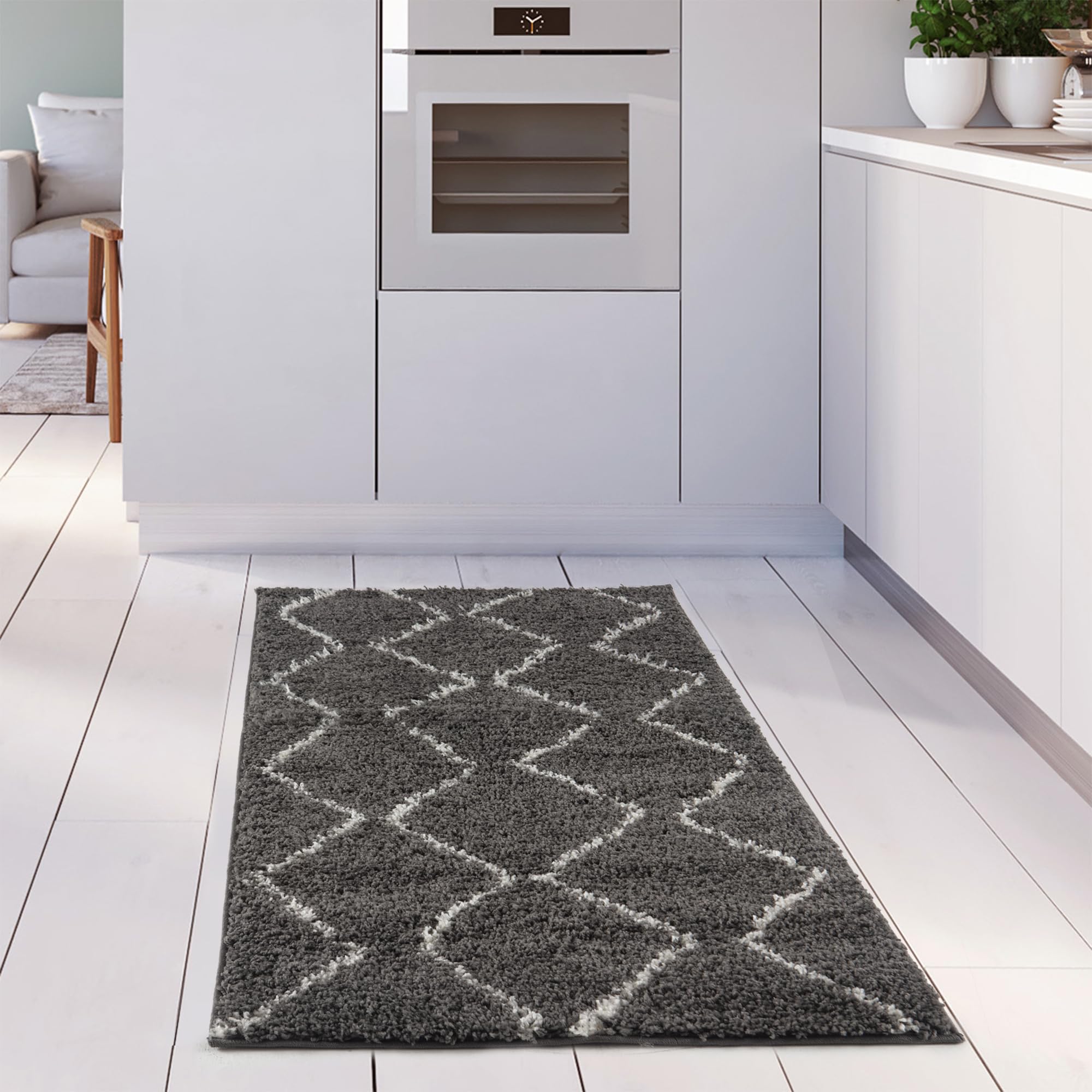THE RUGS Modern Moroccan Design Living Room and Bedroom Rugs, Non-Shedding & Easy Care (Boho Dark Grey/Ivory, 60x110 cm) - Image 3