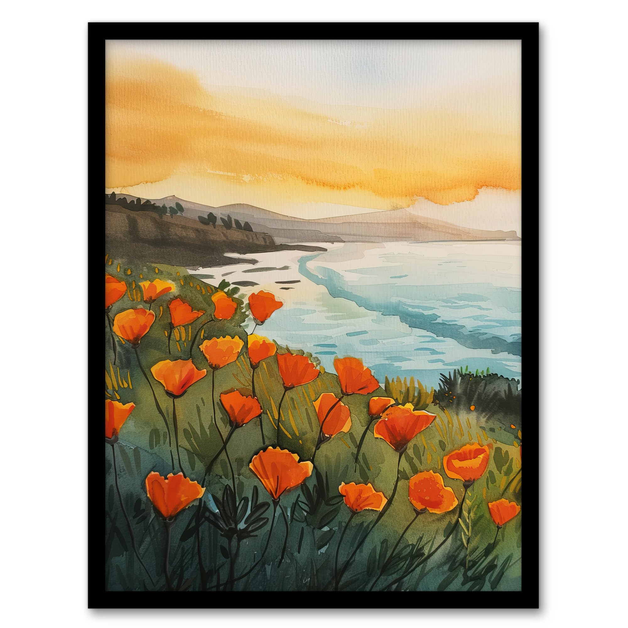 Artery8 Shoreline California Poppies Floral Watercolour Living Room Artwork Framed Wall Art Print 18X24 Inch