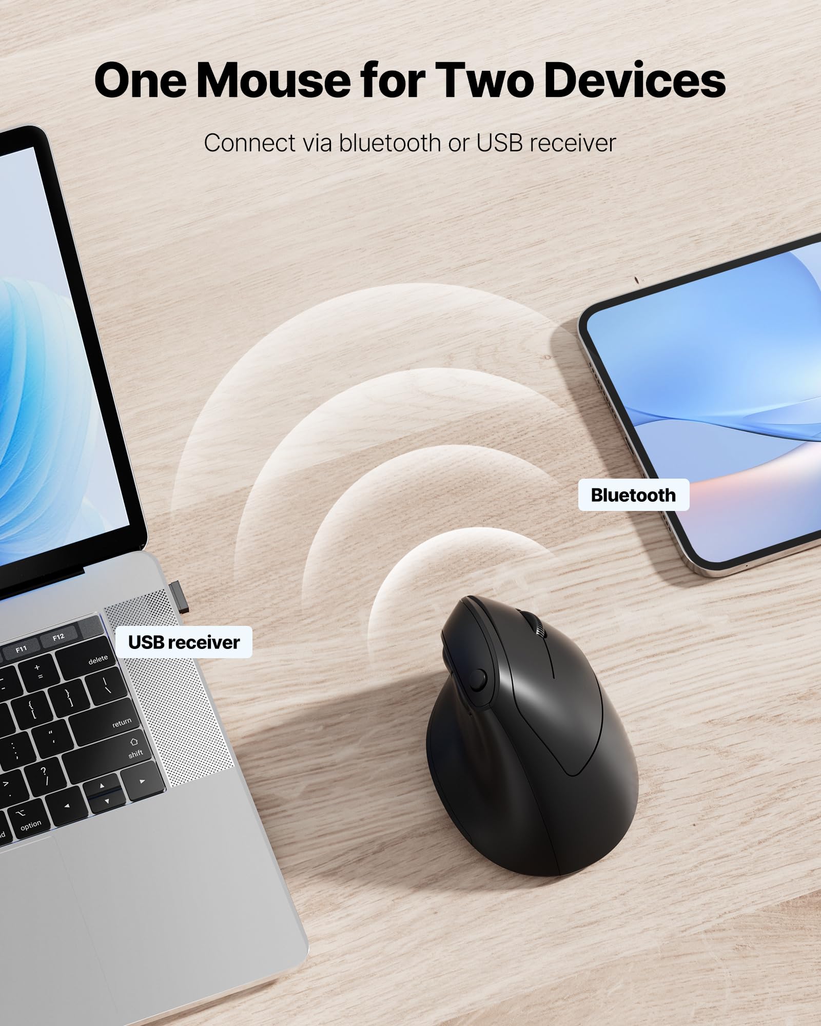 Mouse ergonomico, mouse verticale wireless Bluetooth con doppia connessione (Bluetooth 5.0 e USB-A), mouse ergonomico silenzioso per Windows Mac iPad OS, PC portatile, nero