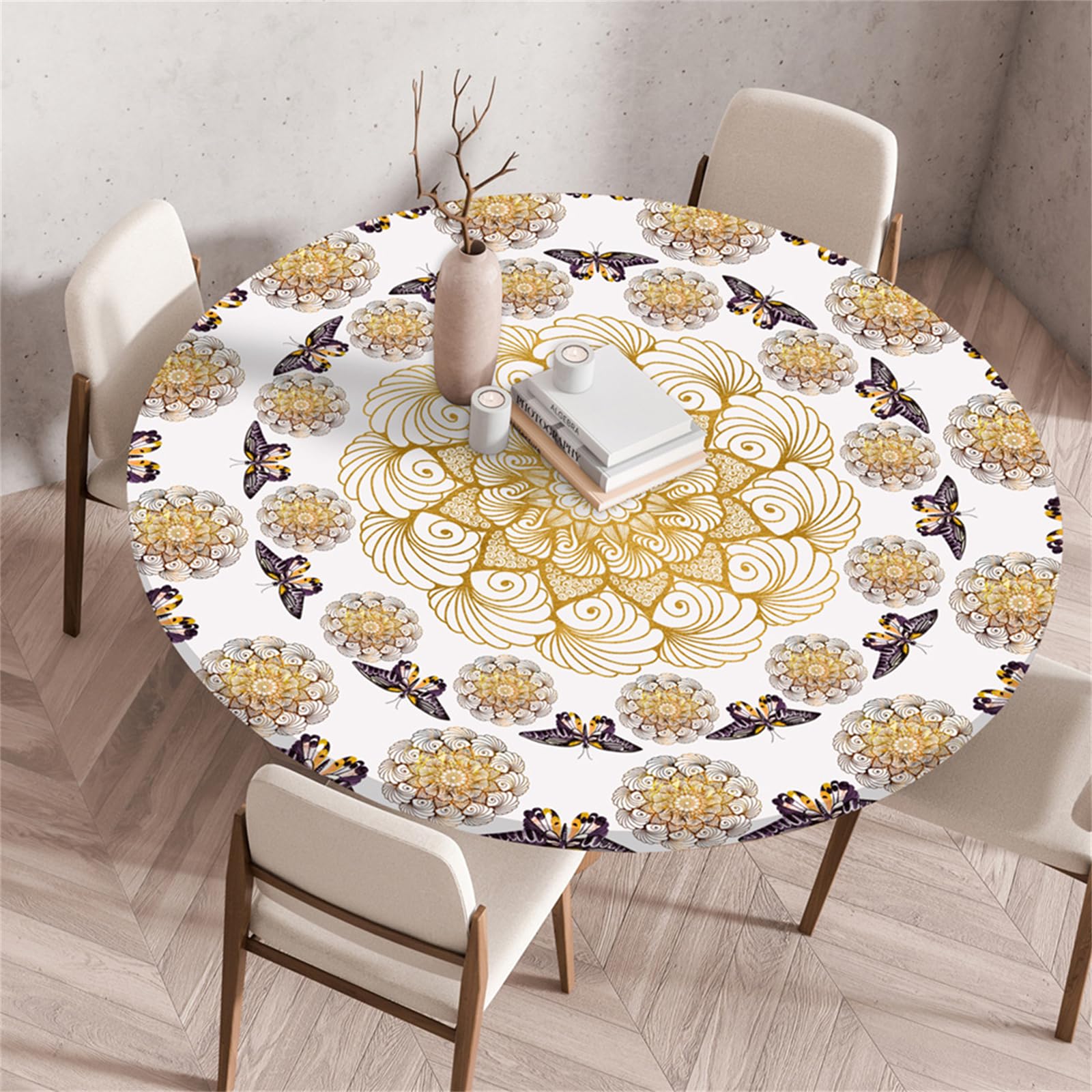 Muiuou Outdoor Elastic Fitted Round Tablecloth, Printing Reusable Waterproof Oil-Proof Wipeable Round Table Cover Cloth, Fitted Kitchen Restaurant Home Decoration