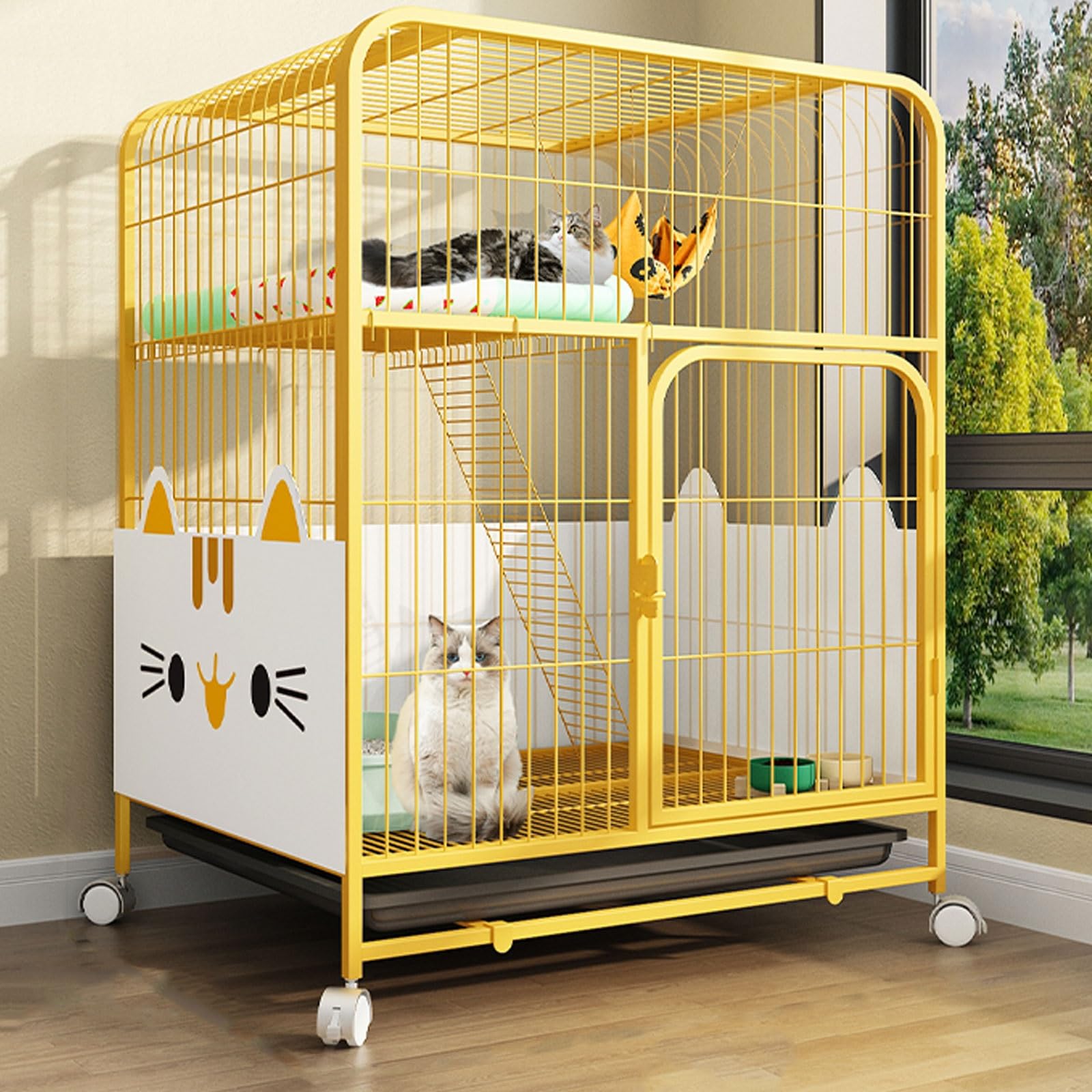 asdchZen Large Cat Crate With Wheels,Pet Playpen Metal For 1-2 Cats,Ferret,Chinchilla,Rabbit,Small Animals,Kitty,Squirrel,Rv Travel,Camping,White,L,Yellow-L