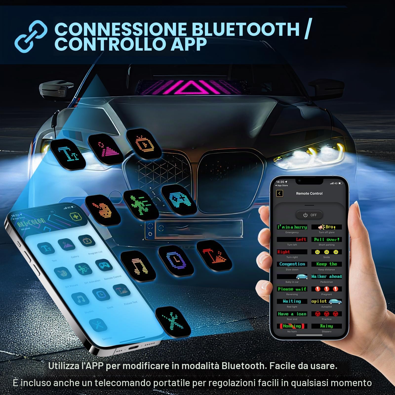 2 Pezzi Occhi LED Flessibili per Auto, 37,3 cm Occhi del Diavolo LED, Display LED Programmabile con App e Telecomando, per Parabrezza Auto, Camion, Bar, Negozio