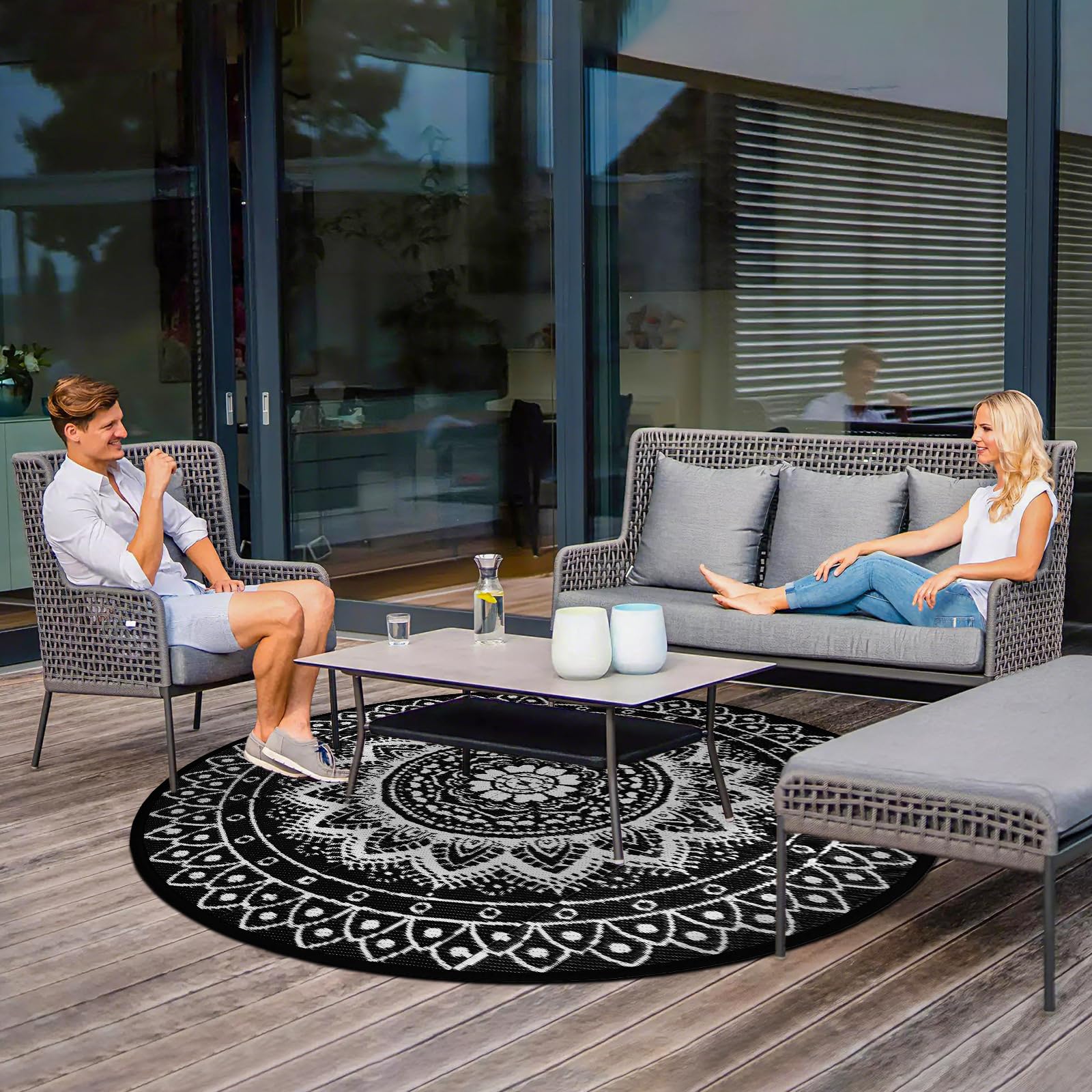 Alfombra Redonda de Exterior para Patio 180 cm alfombras de jardín Reversibles Impermeables y Plegables Alfombra Boho para autocaravanas Alfombra para Picnic Acampada Negro/Blanco