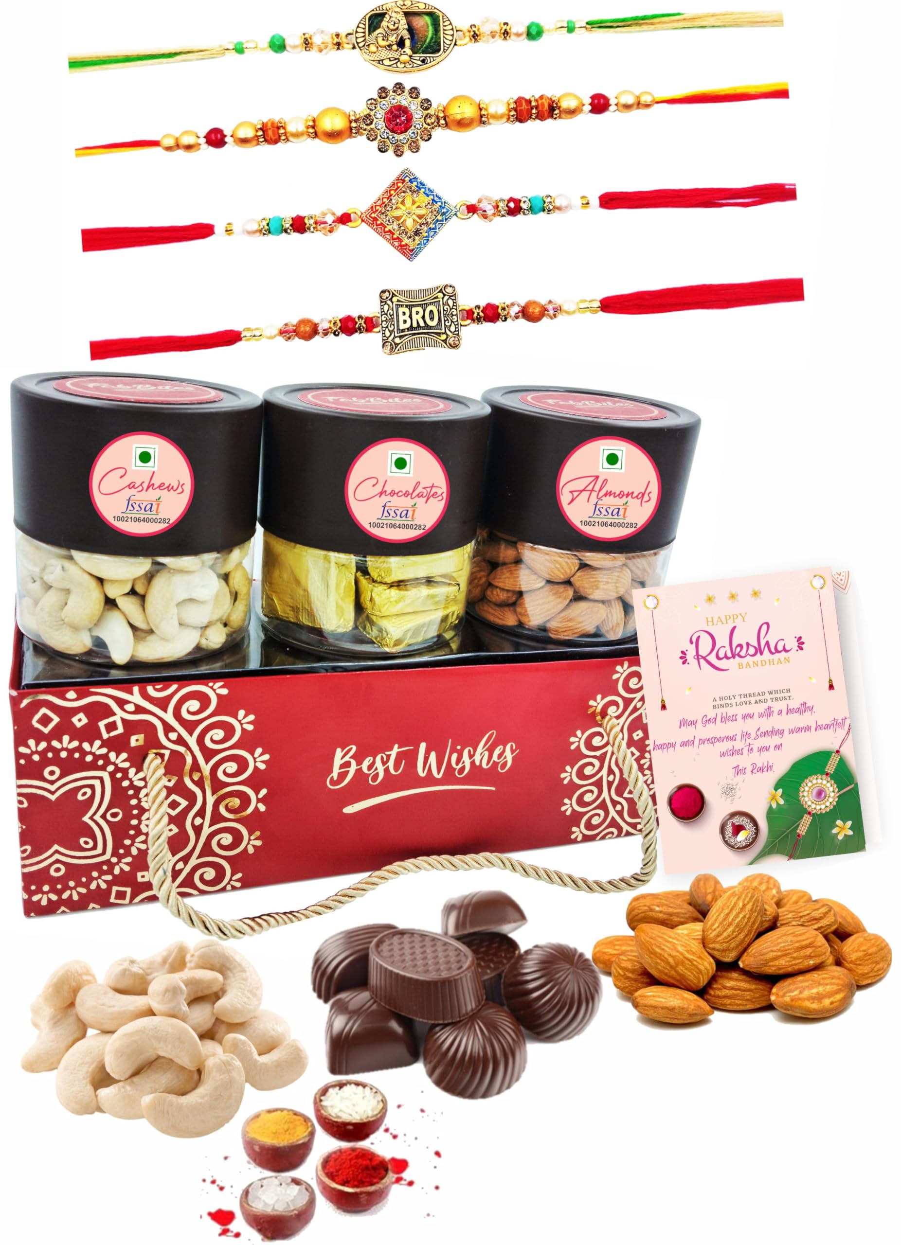 Fabbites Rakhi for Brother and Bhabhi Set of 4 with Rakhi Dry Fruit Gift Hamper, Almond, Cashew,Chocolate Gift in Premium Hamper with Designer Rakhi Set
