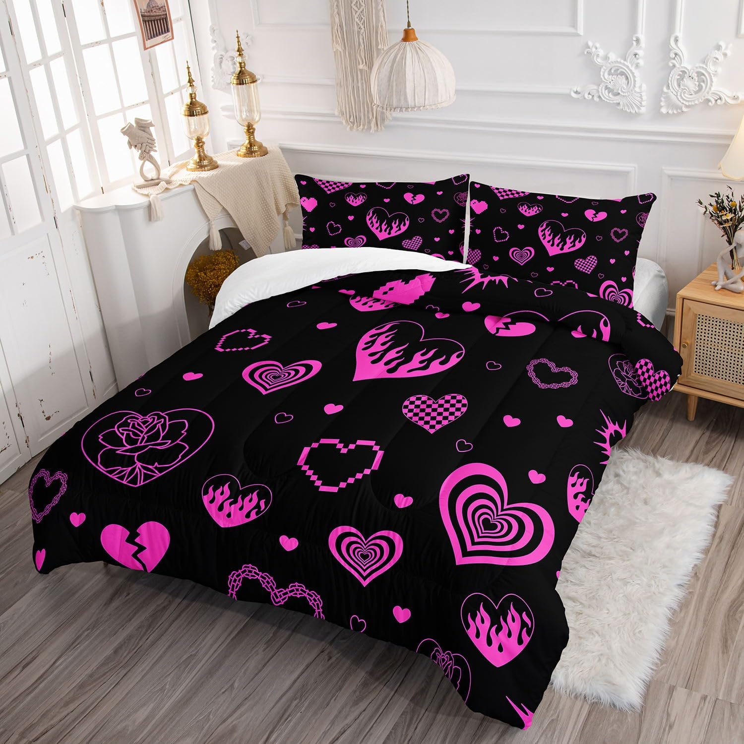 Heart Comforter Set Pink Rose Printed Bedding Set with 1 Comforter and 2 Pillowcases for Boys and Girls Bedroom All Season(Love Twin)