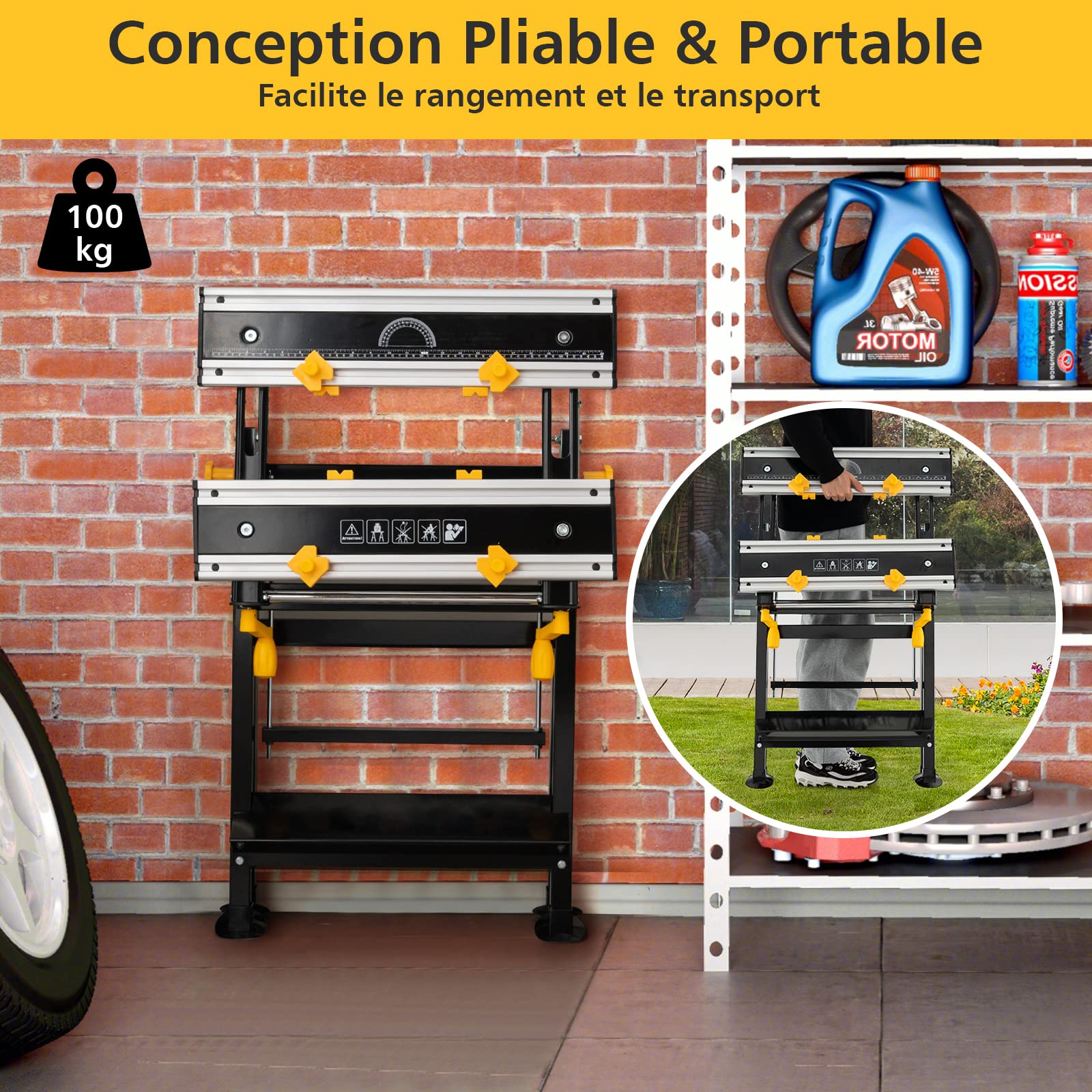 COSTWAY Établi Pliable avec Plate-Forme Inclinable 7 Hauteurs réglables, Support de Scie Garage Cadre en Alu avec 2 Poignées de Serrage et 8 Pinces Coulissantes, Tréteau Plan de Travail Portable