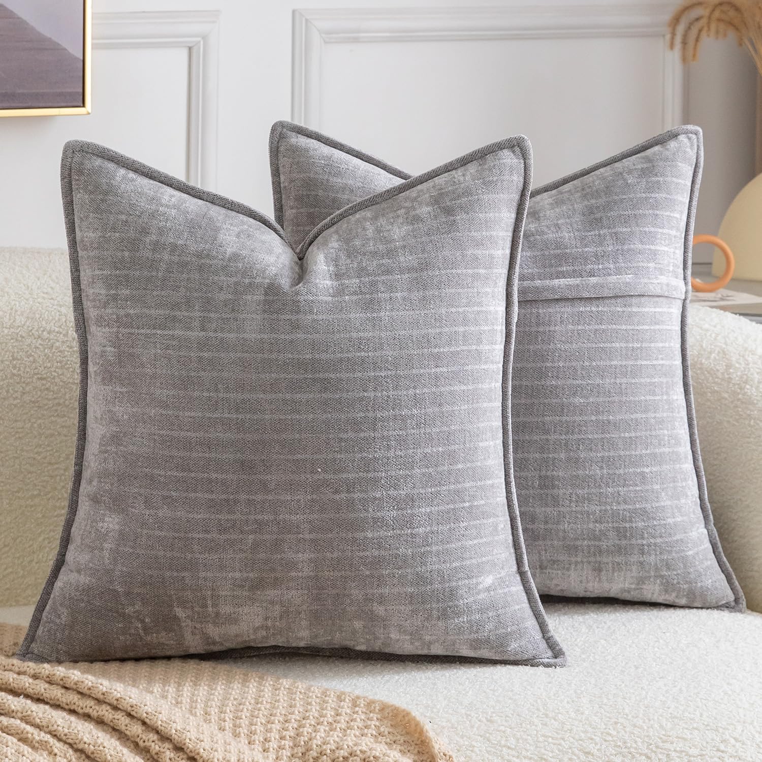 Madizz Pack of 2 Decorative Striped Cushion Covers Vintage Boho Soft Chenille Throw Pillows Luxurious Pillow Cases for Couch Sofa Bedroom Living Room 40x40 CM, Light Grey โ image 1
