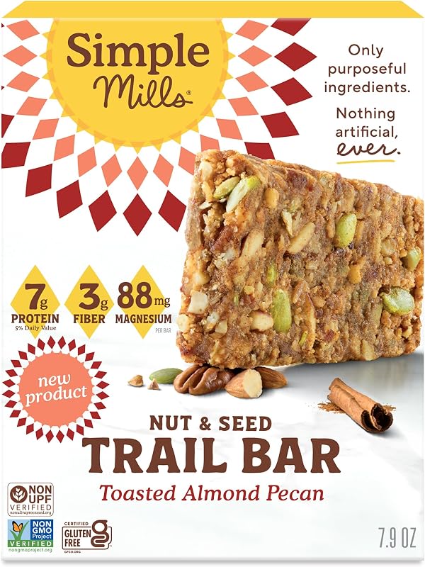 Simple Mills Nut and Seed Trail Bars, Toasted Almond Pecan, 5ct, 1.58oz | Tasty Snack Bars with Pumpkin Seeds, Almonds, Pecans, and Buckwheat, Good Source of Fiber and Excellent Source of Magnesium