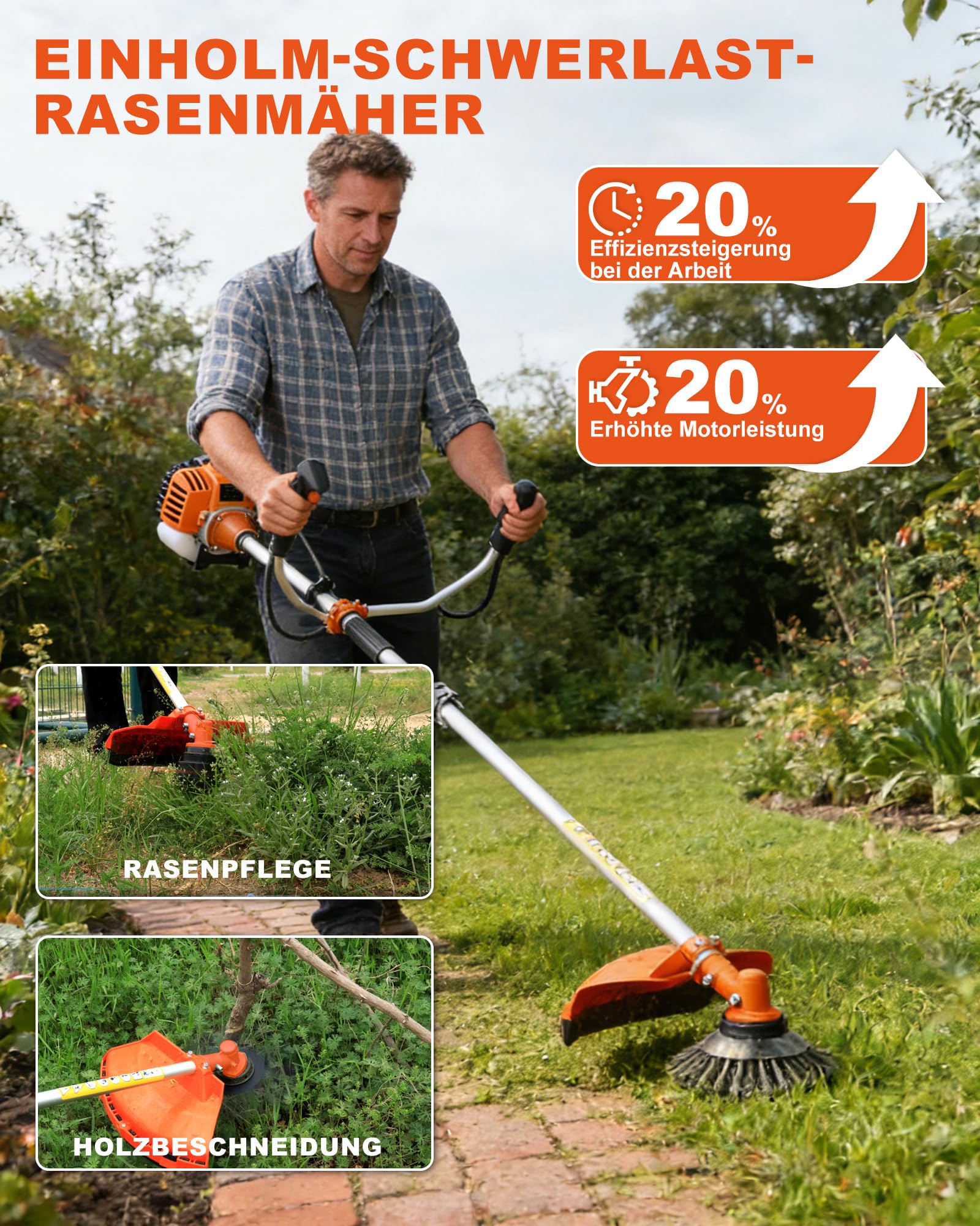 Benzin Motorsense 52cc 2-Takt Rasentrimmer – 2-in-1 Multifunktion 3 PS Einzylinder-Motor mit 3-Zahn-Messer & Nylonschnur-Spule, Leistungsstark & Zuverlässig für Garten und Feld