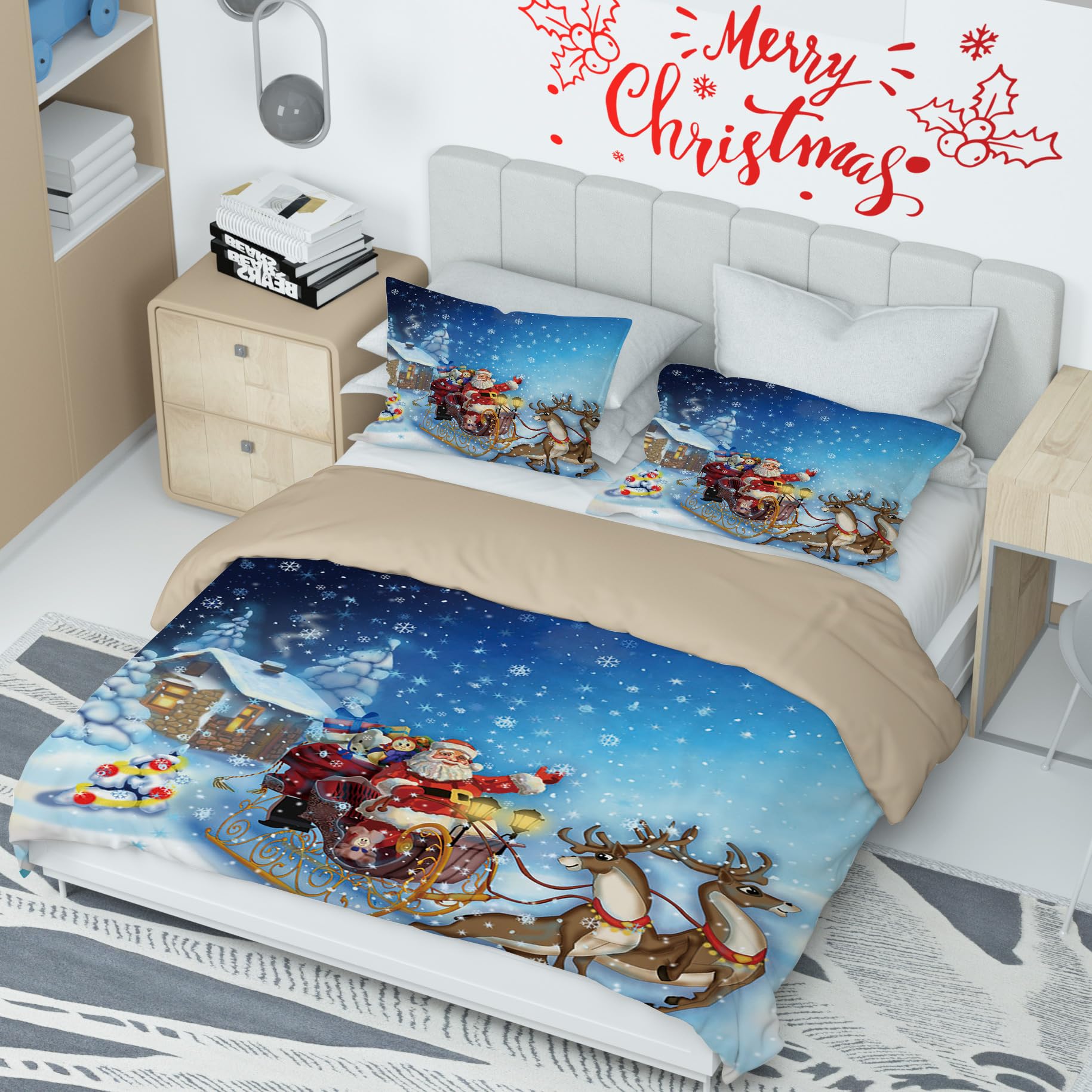 AVJWWD Set di biancheria da letto natalizia,Microfibra Copripiumino con Babbo Natale e alce motivo,decorazione natalizia, set regalo per ragazzi e ragazze (Slitta Blu, 135 x 200 cm)