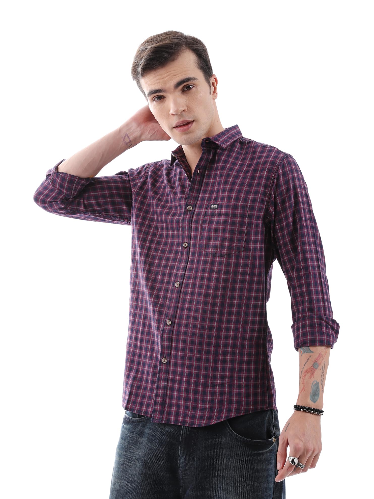 The Indian Garage Co Men's Checkered Slim fit Casual Shirt (1218-SH06-02_Maroon S-97CM)