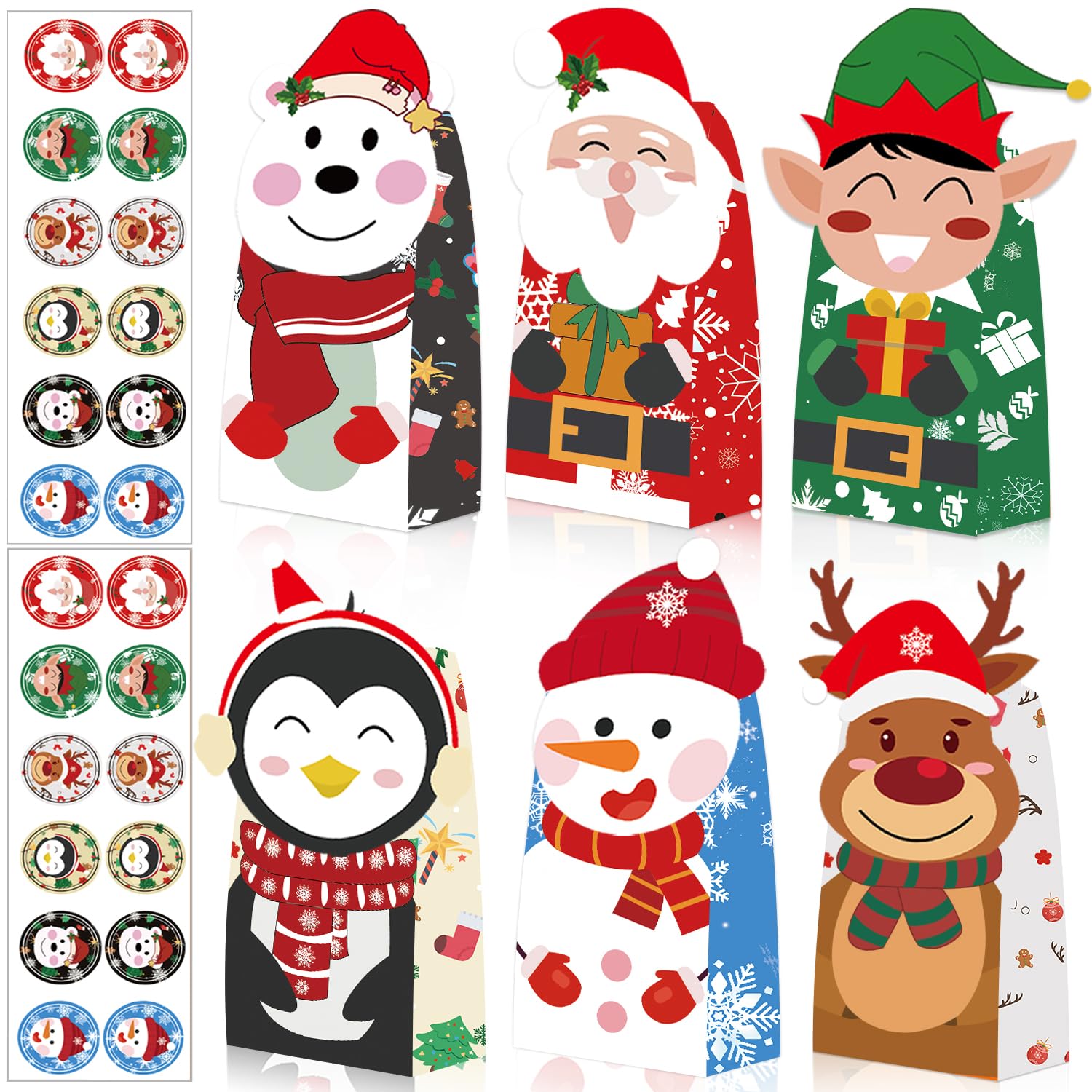 ZQDQIUQIU Christmas Treat Bags,Christmas Gift Bags with 24PCS Stickers,Xmas Candy Treat Bag Paper Goody Bags for Cookies Holiday Gift Goodie Bags for