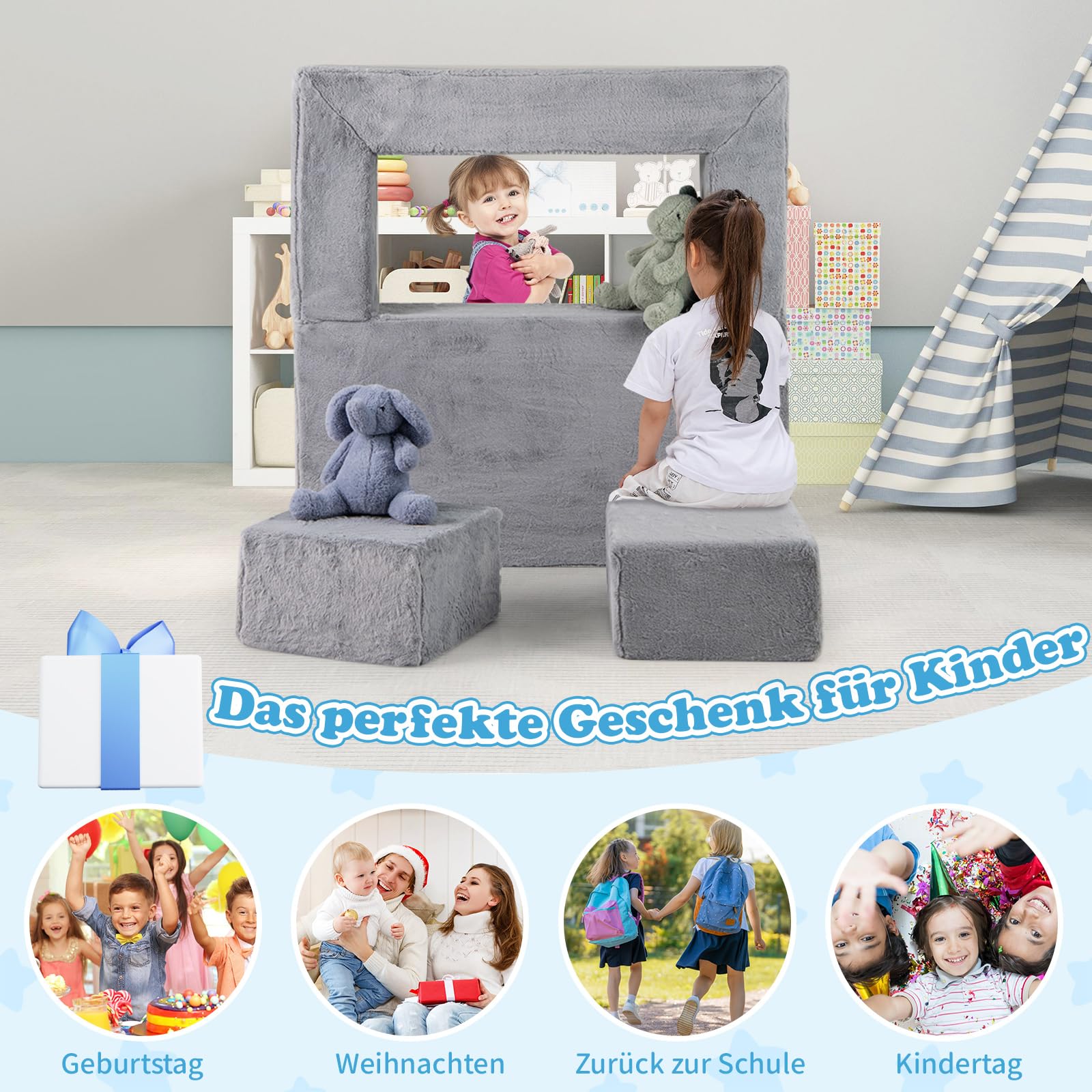 COSTWAY Modulares Kindersofa, Spielsofa aus Schaumstoff mit abnehmbarem Plüschbezug, Ausklappbares Modulsofa für Jungen & Mädchen, Kindersessel für Spielzimmer, Schlafzimmer, Kinderzimmer