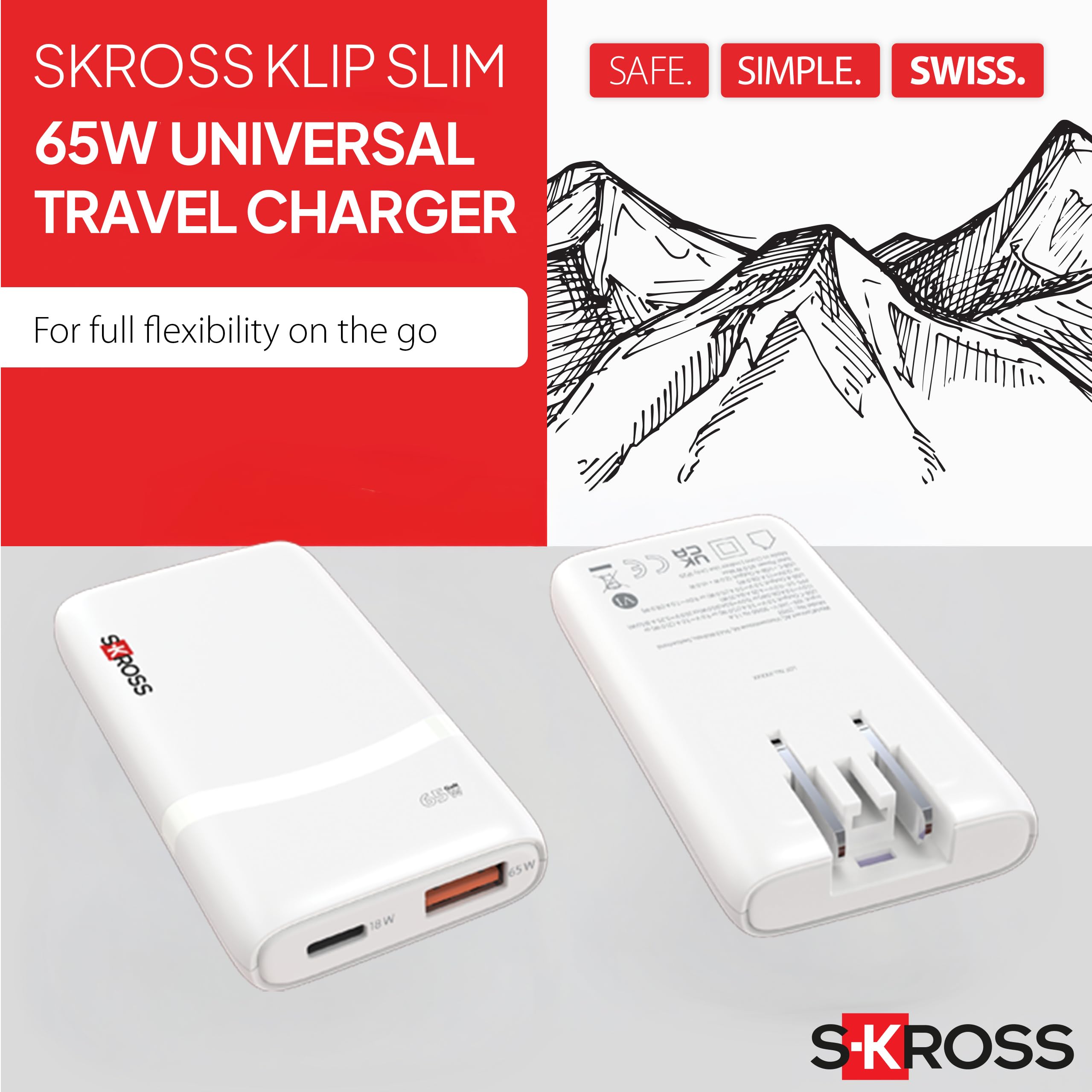 SKROSS - Caricabatterie slim da parete 65W multipresa EU/UK/USA due porte USB-A e USB-C carica 2 dispositivi in contemporanea