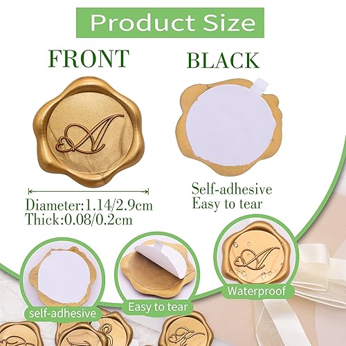 Miniatura 6 de SWANGSA Paquete de 50 calcomanías de sello de cera con letra A, diseño de corazón dorado antiguo, calcomanías de cera con inicial, invitación de