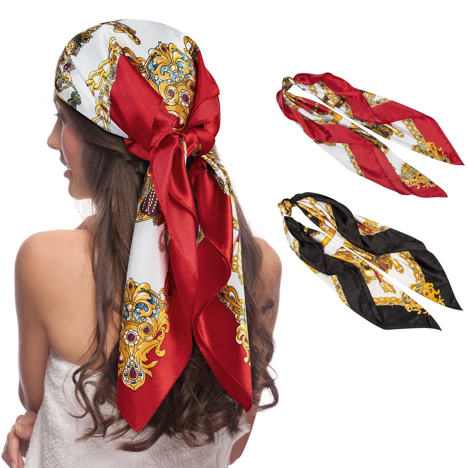 Senker Fashion35" Head Scarf for Women, Pirate Costume Accessories Silk Red Bandana for Hair Wrapping and Sleeping
