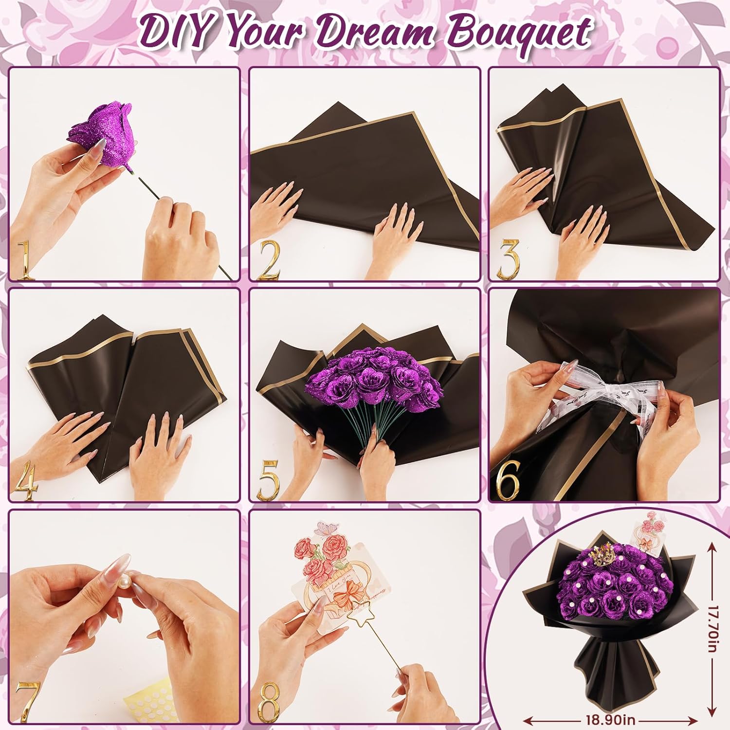 DIY Glitter Roses Bouquet, Valentine's Day Everlasting Shiny Artificial Bouquet, Purple Faux Flowers with Stem Pearl Crown for Graduation Gifts Wedding Anniversary Engagement Day Birthday,25 Pcs - Image 4
