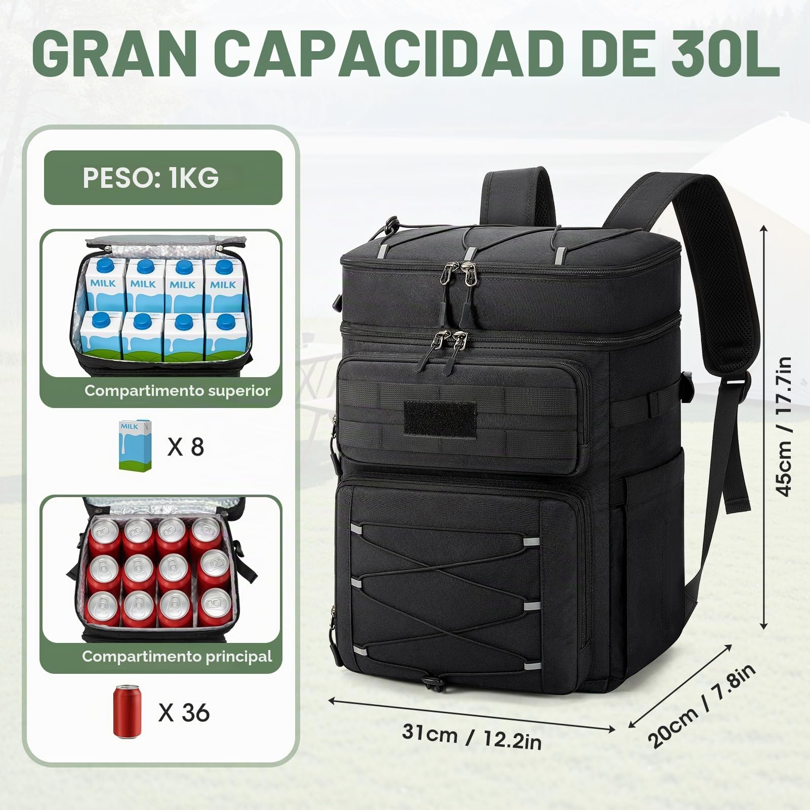 RAINSMORE Mochila Nevera Isotermica 30l a Prueba de Fugas Mochila Termica Porta Alimentos Doble Zona Impermeable para Exteriores Picnic Negro