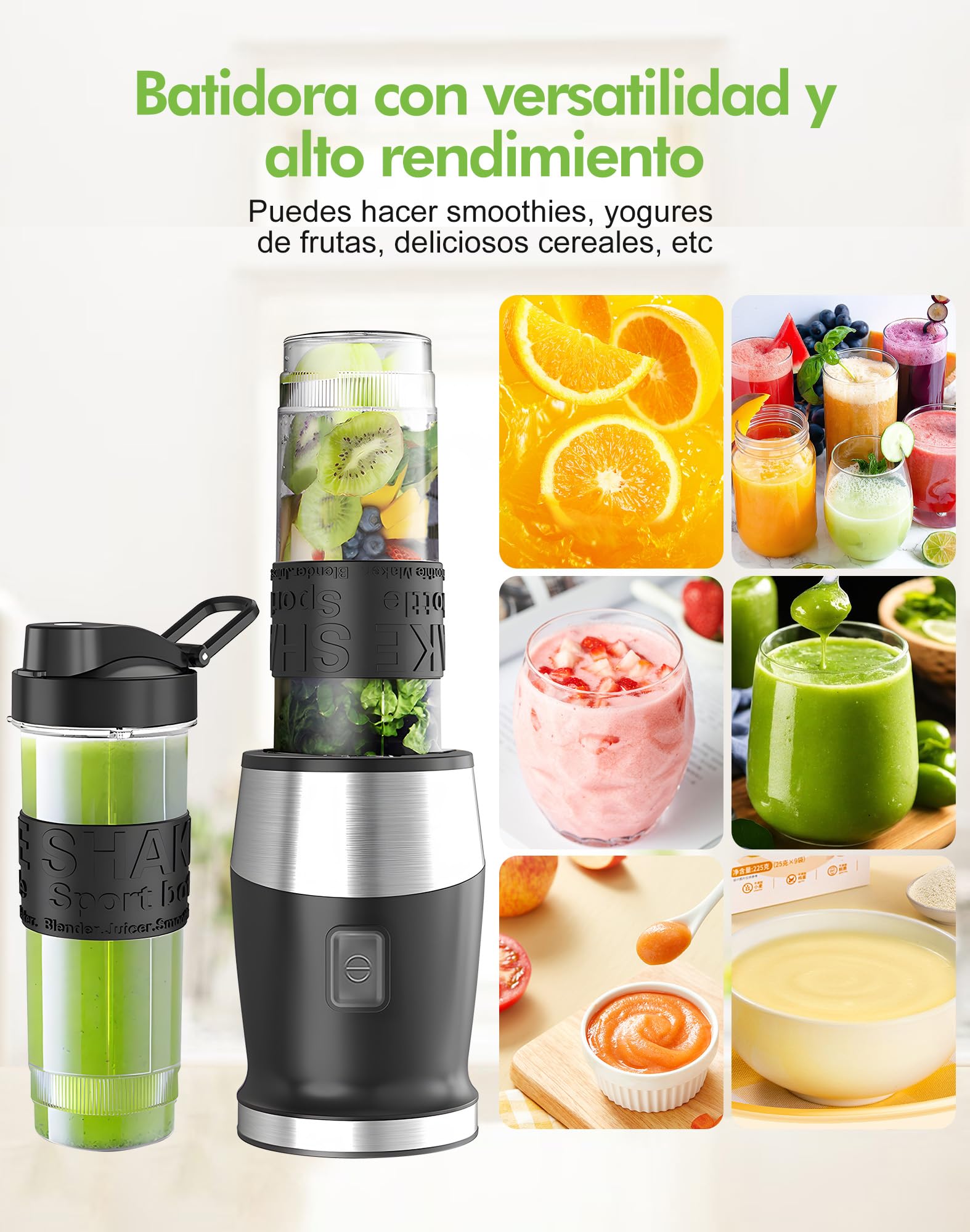 Batidora de Vaso, 500W Batidora Smoothies, Mini Batidora Portatil Batidora de Vaso Individual con 2 Botellas de 570 ml de Plástico Tritan, Licuadora para Zumos, Batidos, Verduras, Frutas