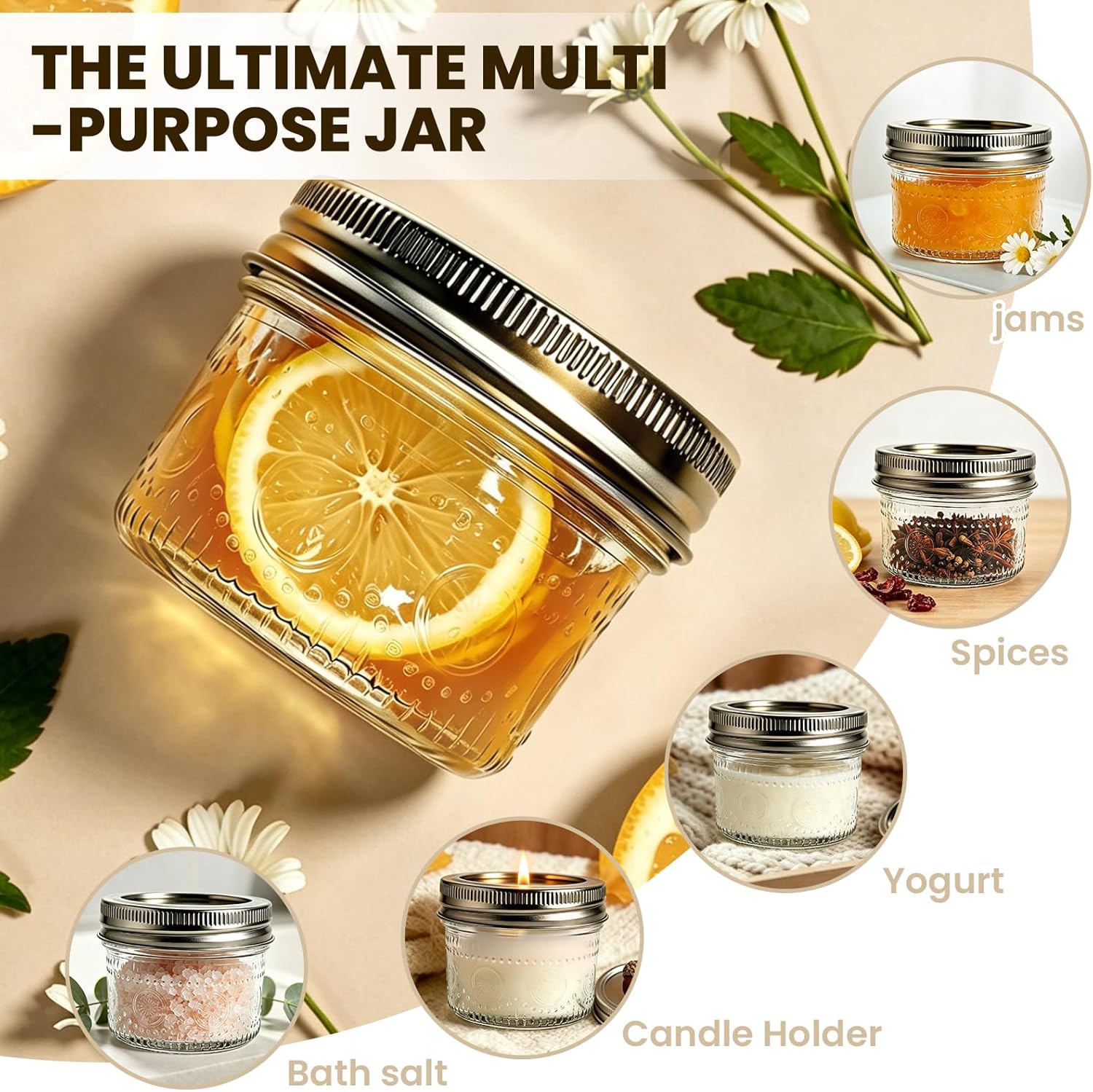4 oz Mason Jars with Embossed Pattern 24 Pack, Small Canning Jars with Airtight Lids, Mini Glass jars for Jams, Jelly, Honey, Spices, DIY Candles, Wedding Favors and Gift Packaging