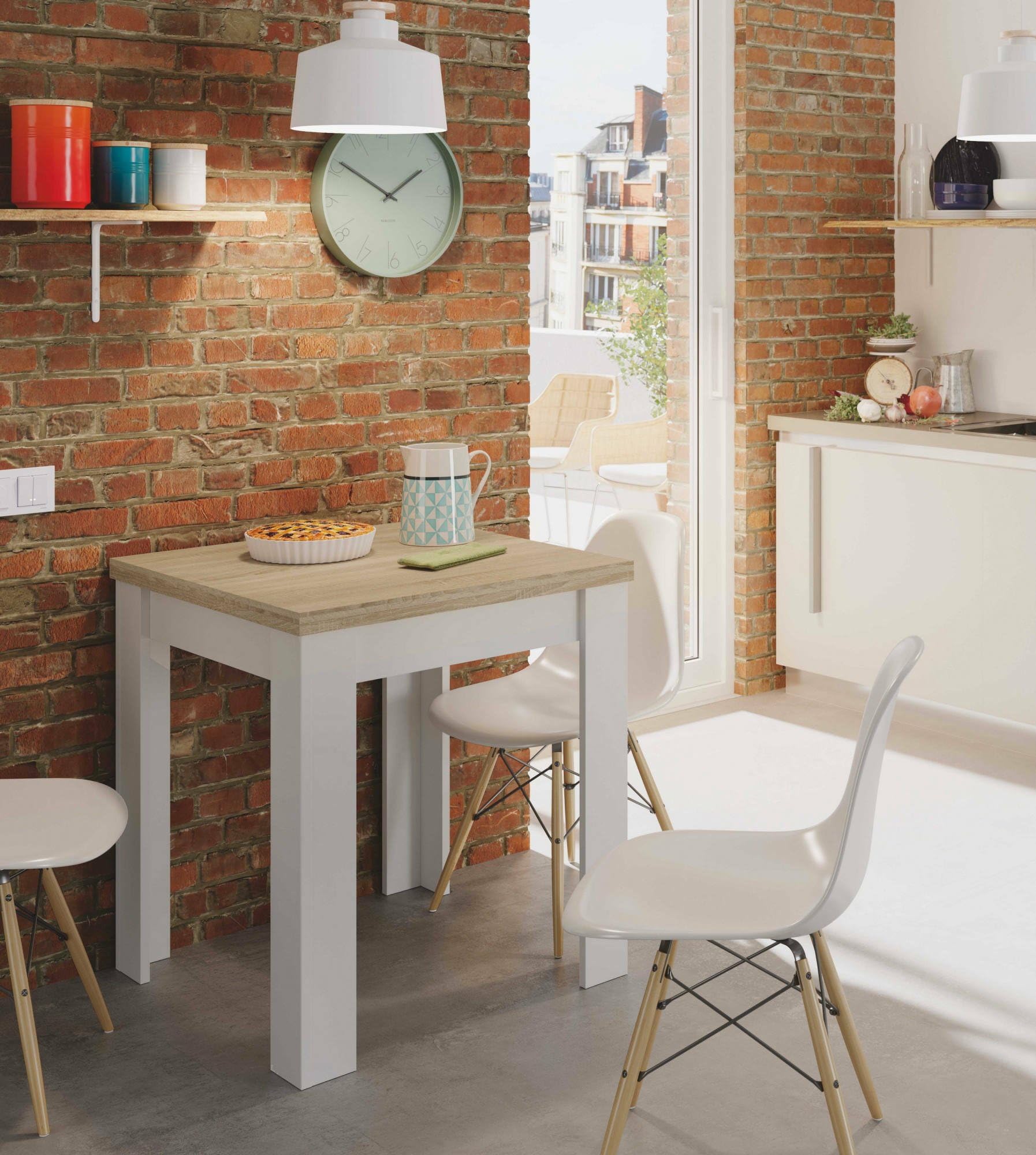 Dmora - Tavolo allungabile Newark, Ripiano da pranzo pieghevole apertura a libro, Tavolo ausiliario richiudibile, 67x67/135h79 cm, Bianco e Rovere
