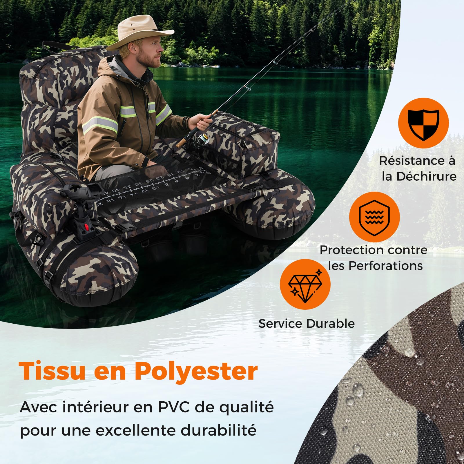 COSTWAY Bateau de Pêche Gonflable avec Bretelles, Bouée de Pêche Portable avec Pompe Manuelle Pagaie Palmes Support pour Canne À Pêche Règle À Poissons, Charge 150 kg