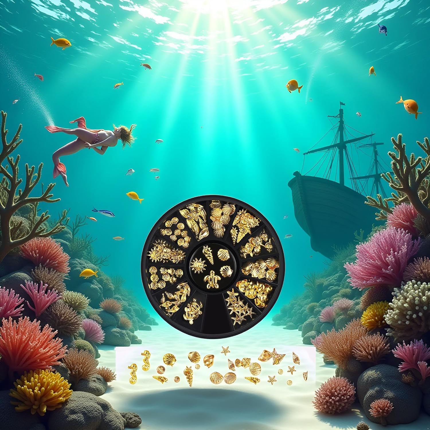 12 Styles Golds Nail Art Metal Studs Golds Metallic 3D Pieces Rivet Palm Tree Turtles Marine Life Charms for Summer Beach Ocean Manicure DIY Acrylic Nails Design Supply (Gold Ocean Studs)