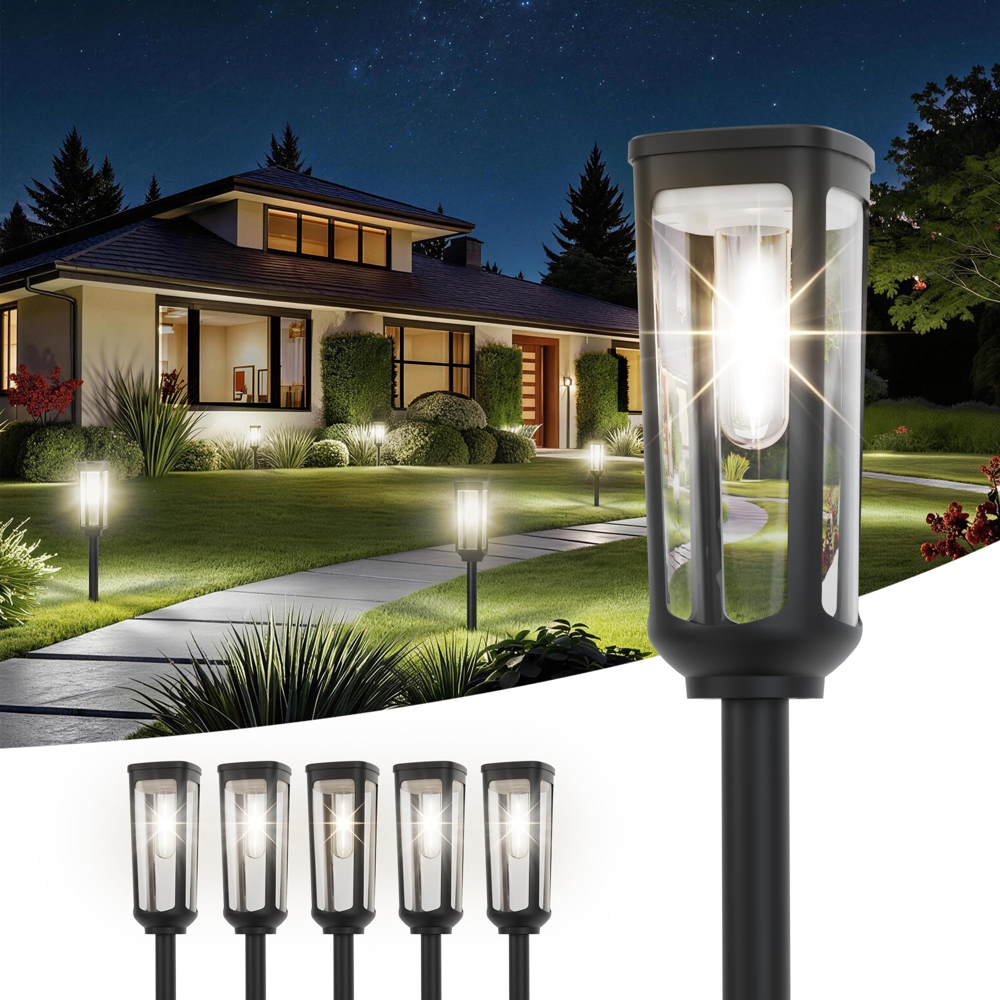 JEJOT Luci solari per vialetti esterni, confezione da 6 luci da giardino, alimentate a energia solare, impermeabili, IP65, luci per esterni con accensione e spegnimento automatici, per prato, patio