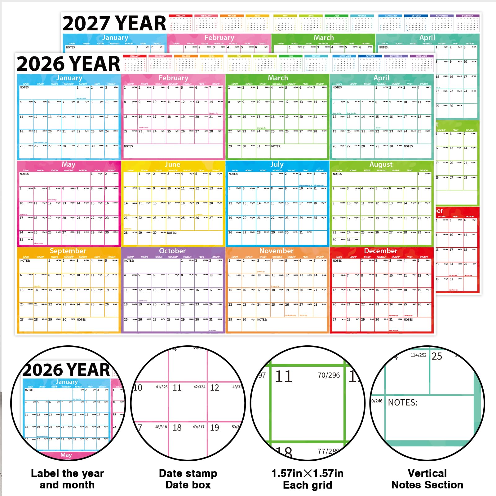 Jahres-Wandkalender 2026–2027, groß, laminiert, löschbar, Jahresplaner, nass und trocken abwischbar, 24 Monate, Jahreskalender für Büro, Schule, Zuhause, Organisation, Faltpaket, 121,9 x 81,3 cm