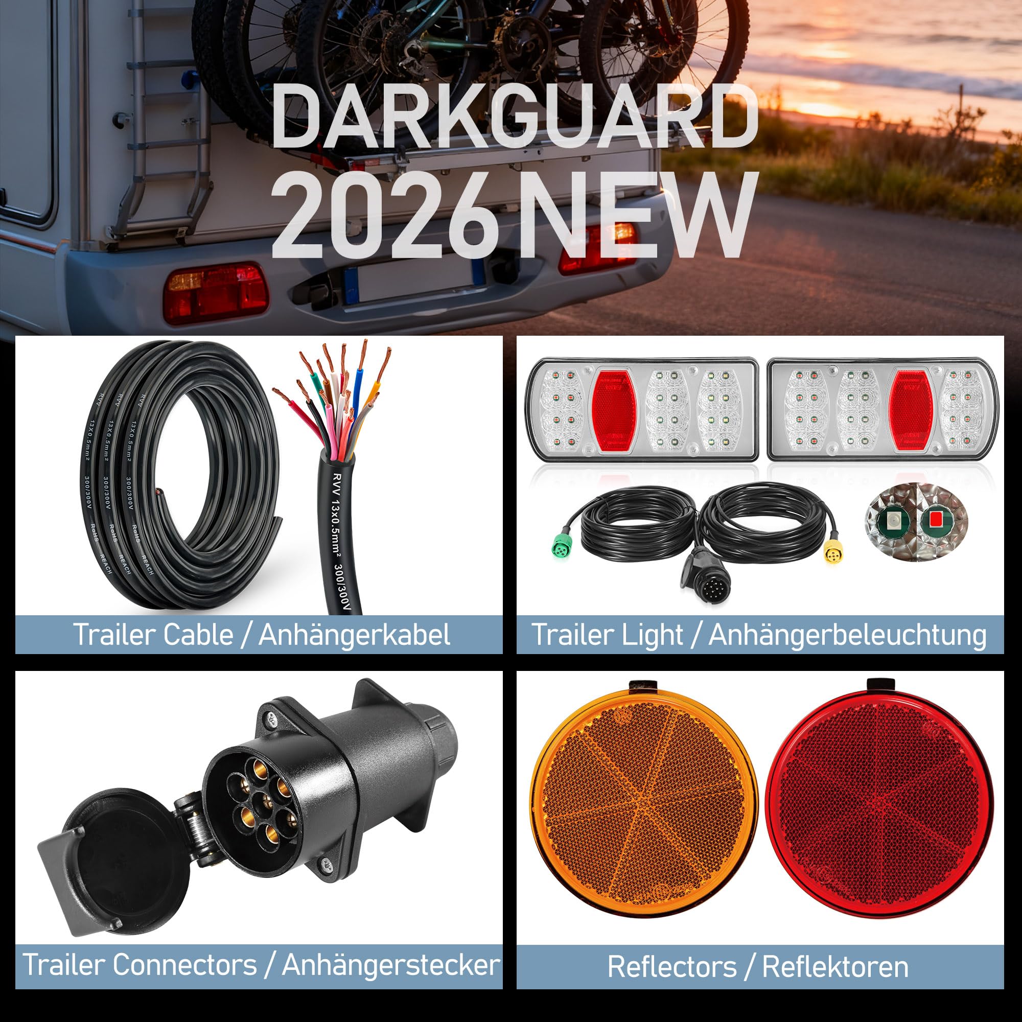 LED Rückleuchten PKW Anhänger 13polig Stecker, 12V 24V 5polig Bajonett, 8m Konfektioniertes Kabel, 7 Funktionen (Position, Nebel, Kennzeichen, Bremslicht) E57 IP65 Zulassung