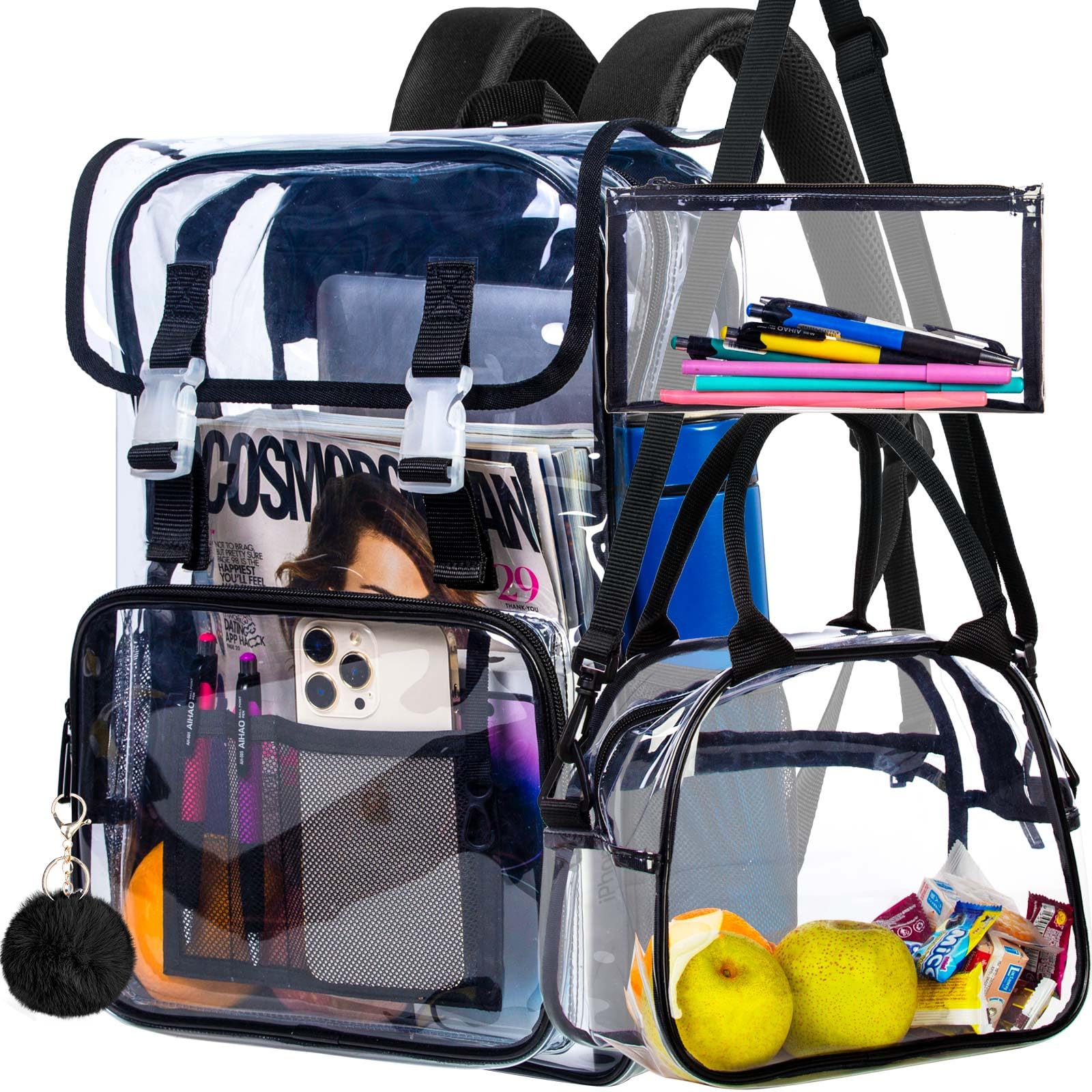 ZLYERT 17" Flip Top Clear Backpack, 3Pcs Stadium Approved Set, Heavy Duty Transparent Bookbag for Gym/Concert (Black)