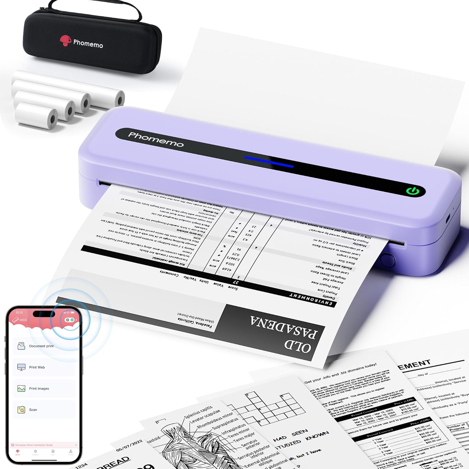 Phomemo M832 portable thermal printer in purple, printing a document, with a carrying case and thermal paper rolls visible.