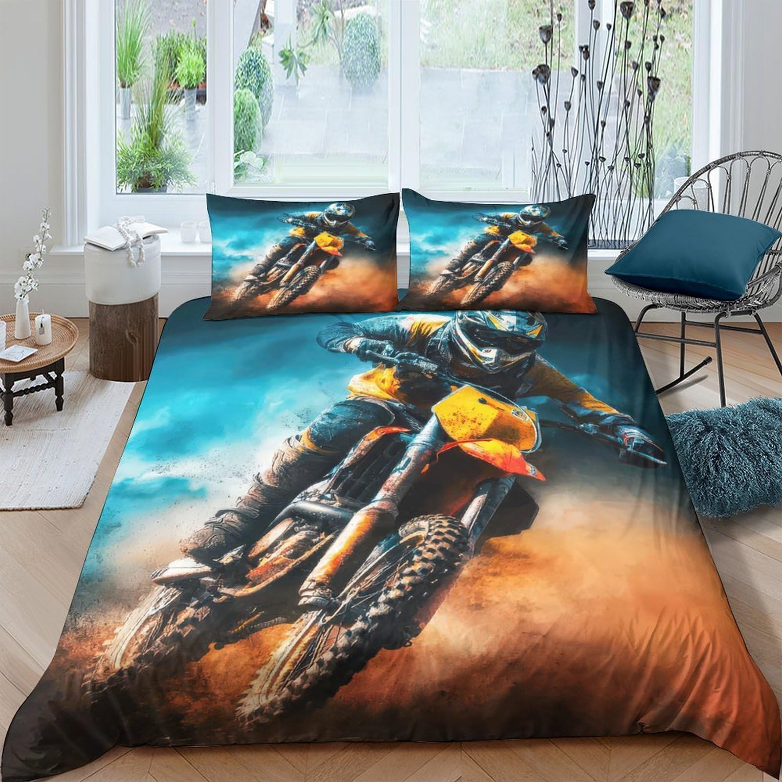 Ctjqhvkz Style-1 3D Printed Motocross Racing Fitted Sheet Microfiber Soft Dirt Bike Mattress Cover For Bedroom Guest Room Decor Single（135X200cm）