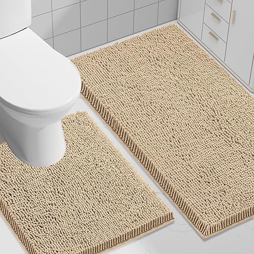 Smiry Bathroom Rugs and Mats Set, 2 Piece U Shaped Chenille Bath Mat and U-Shaped Toilet Rug Set, Non Slip Absorbent Shaggy Bath Rug for Tub, Shower and Bath Room (30" x 20"+24" x 20", Beige)