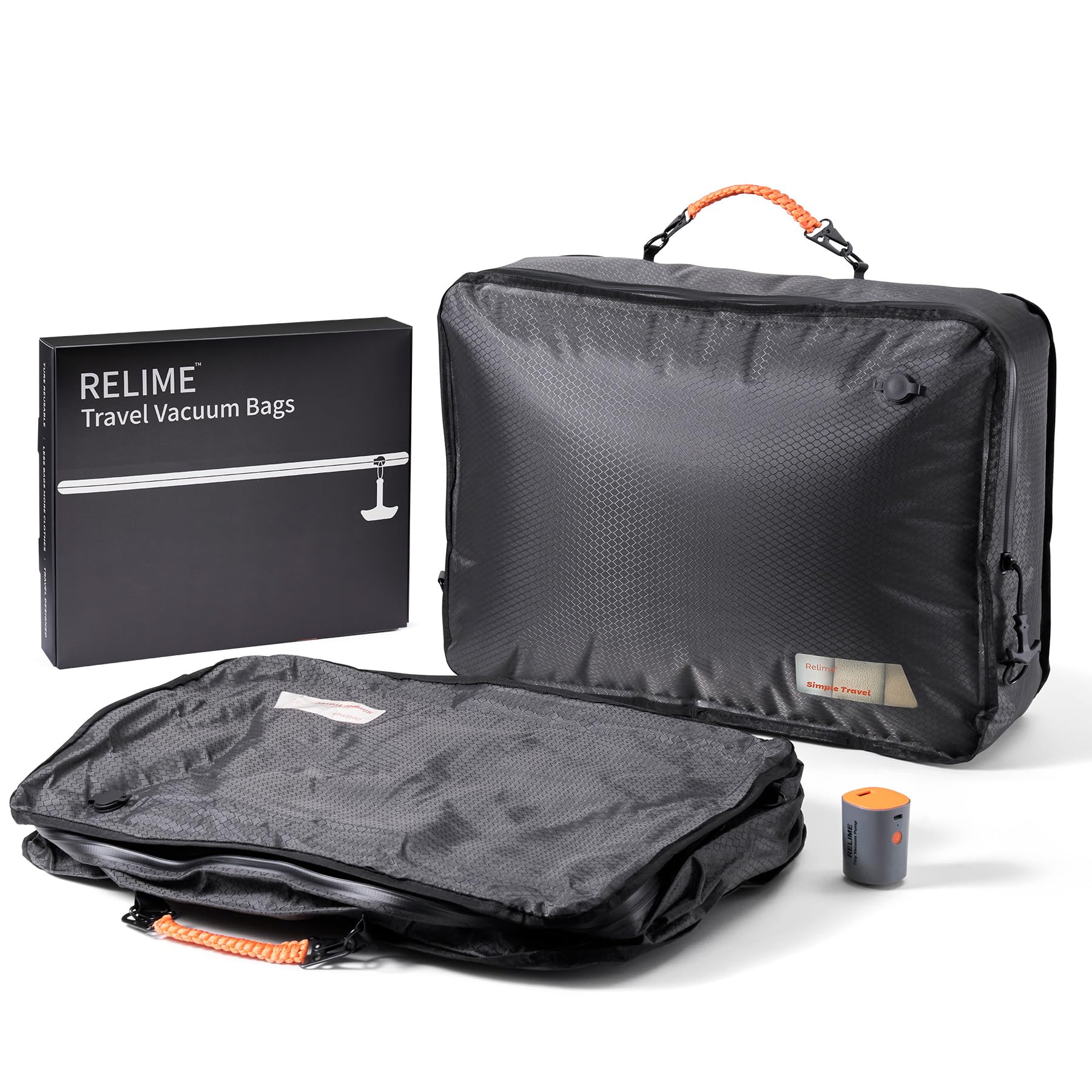 Relime Apex Serie Vakuumbeutel für Reisegepäck mit kabelloser Pumpe, 180 ° offen, wiederverwendbare Kompressionsbeutel für Handgepäck und Rucksack, Vakuumdichtung, Packwürfel für Stoff (2 groß + Pumpe